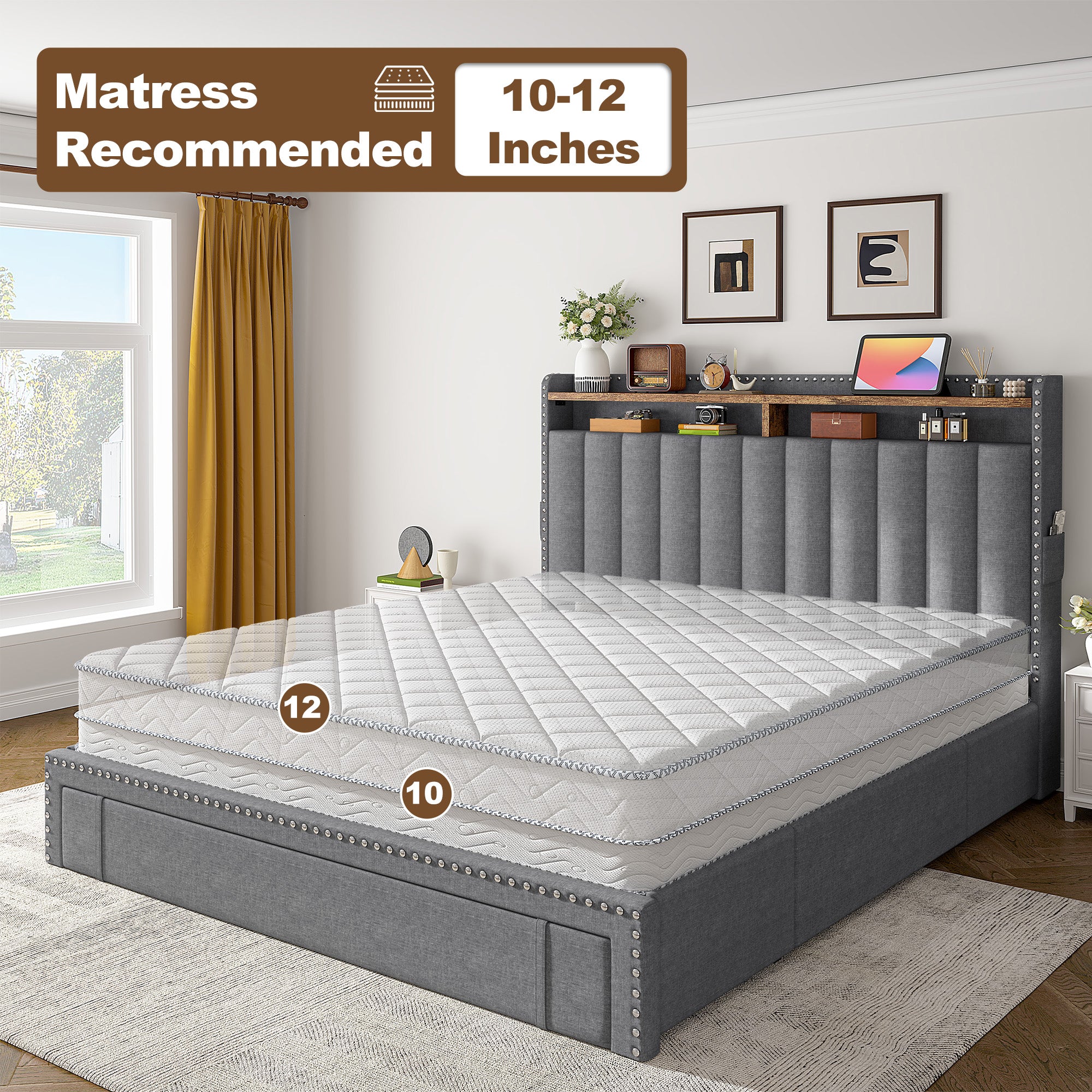 Snhomee Heavy Duty Platform Bed Frame with Storage Drawers - Silent 1200LB Capacity, No Box Spring Needed, Upholstered Headboard