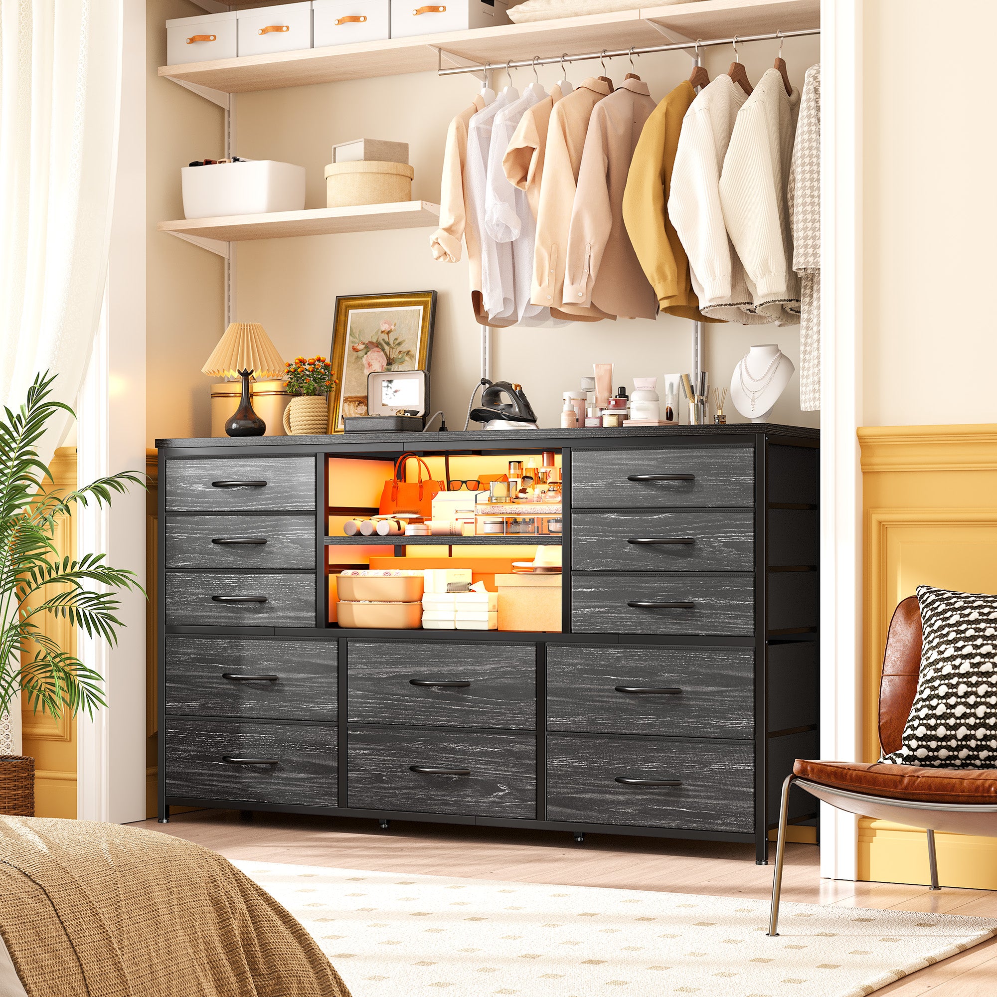Snhomee 12-Drawer LED Dresser with USB Outlets - 60'' TV Stand for Bedroom & Living Room, Metal Frame Storage Cabinet 49''W x 35''H