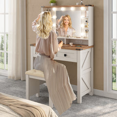 Farmhouse Makeup Vanity Desk with LED Mirror & Charging Station – 31.5" Wide, Adjustable 3-Color Lighting, 2 Storage Drawers & Shelves (Stool Not Included)