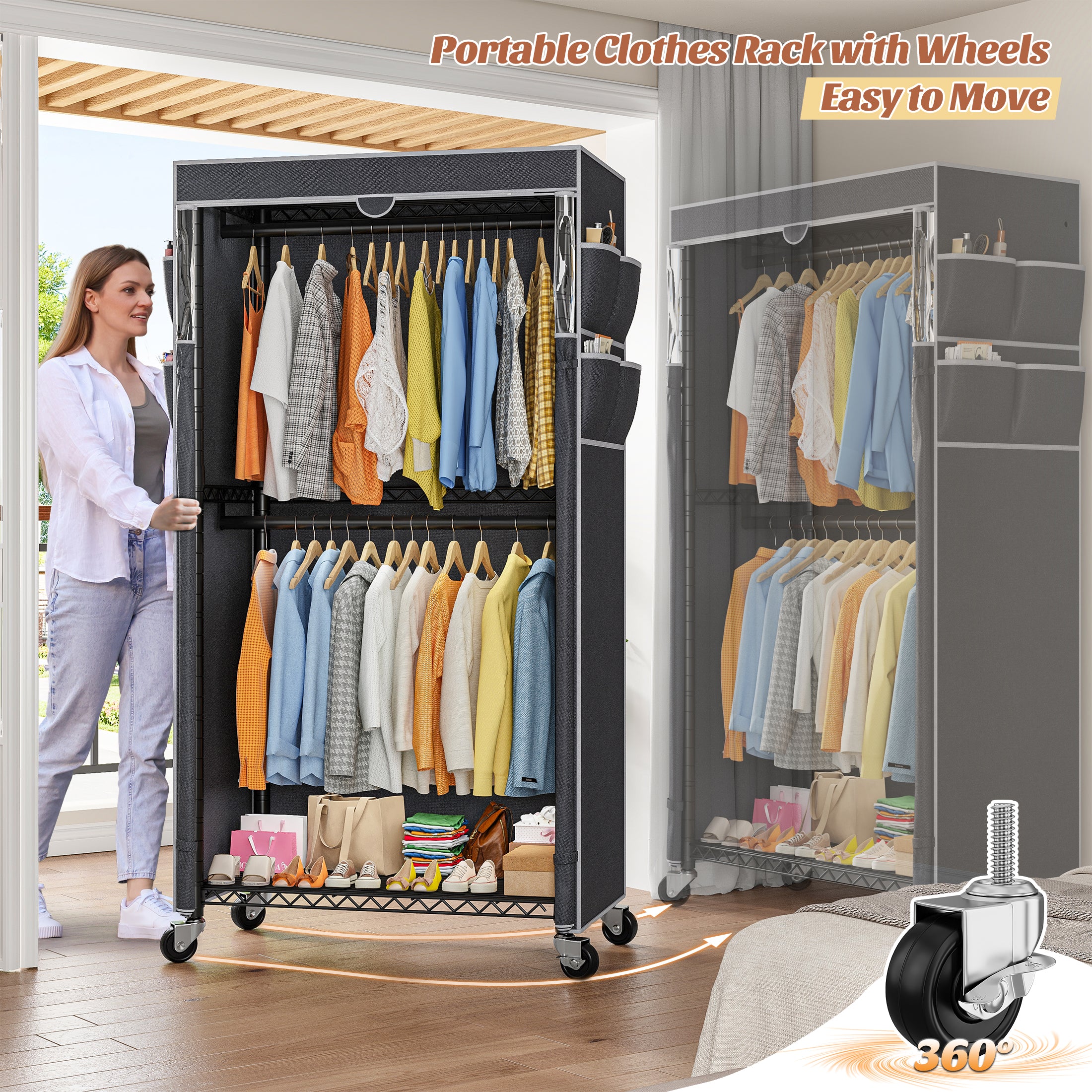 Heavy Duty Rolling Clothing Rack with Cover & Adjustable Height - Wheeled Garment Rack for Hanging Clothes, Portable Closet Organizer 35.5x15.7x79 Inches-Black-snhomee