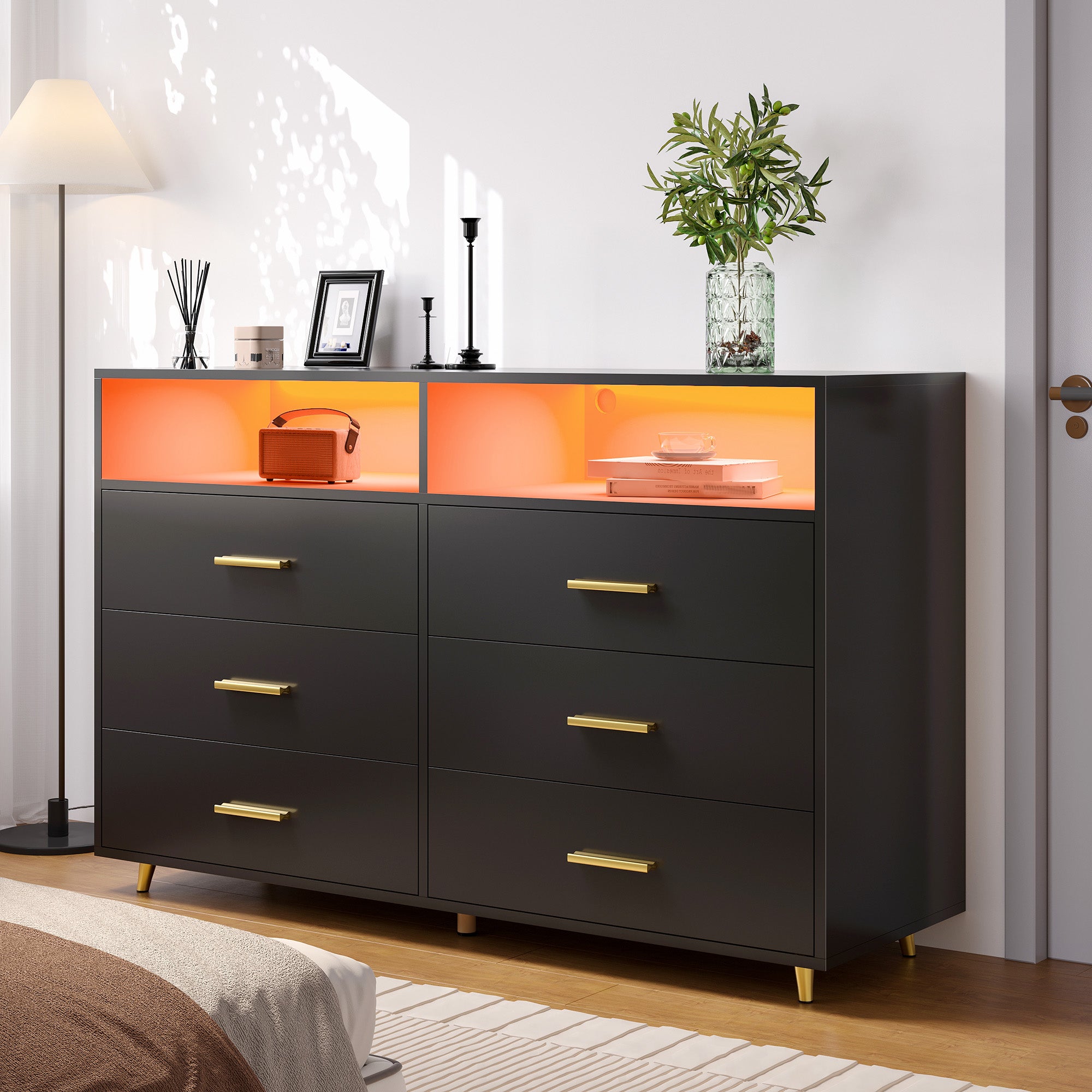 6 Drawers Dresser with LED Lights, Large TV Stand, 2 Open Shelves Top, 47"W Modern Chest with Anti-Tip Safety for Bedroom, Living Room & Small Spaces