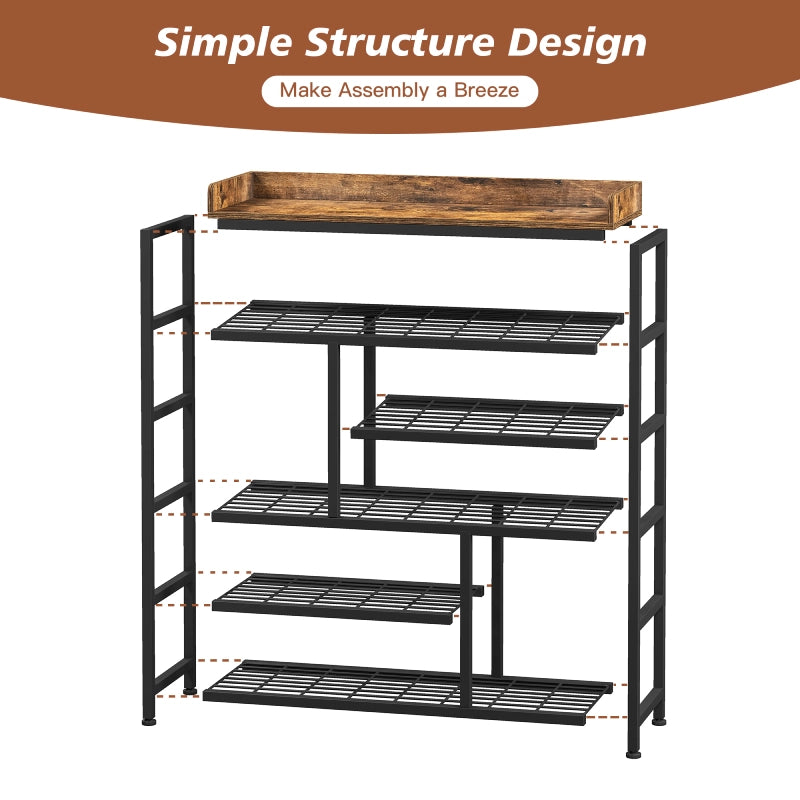 Snhomee  6 Tier Metal Shoe Rack for Entryway, Shoe Storage Organizer Holds 20-24 Pairs, Wooden Top and Side Pocket for Entry, Entrance, Hallway, Dormitory