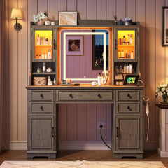 Snhomee Farmhouse Makeup Vanity Desk with LED Mirror & RGB Cabinets – Storaging with Drawers & Shelves, Ideal for Organizing Seasonal Skincare in Bedroom or Dressing Room