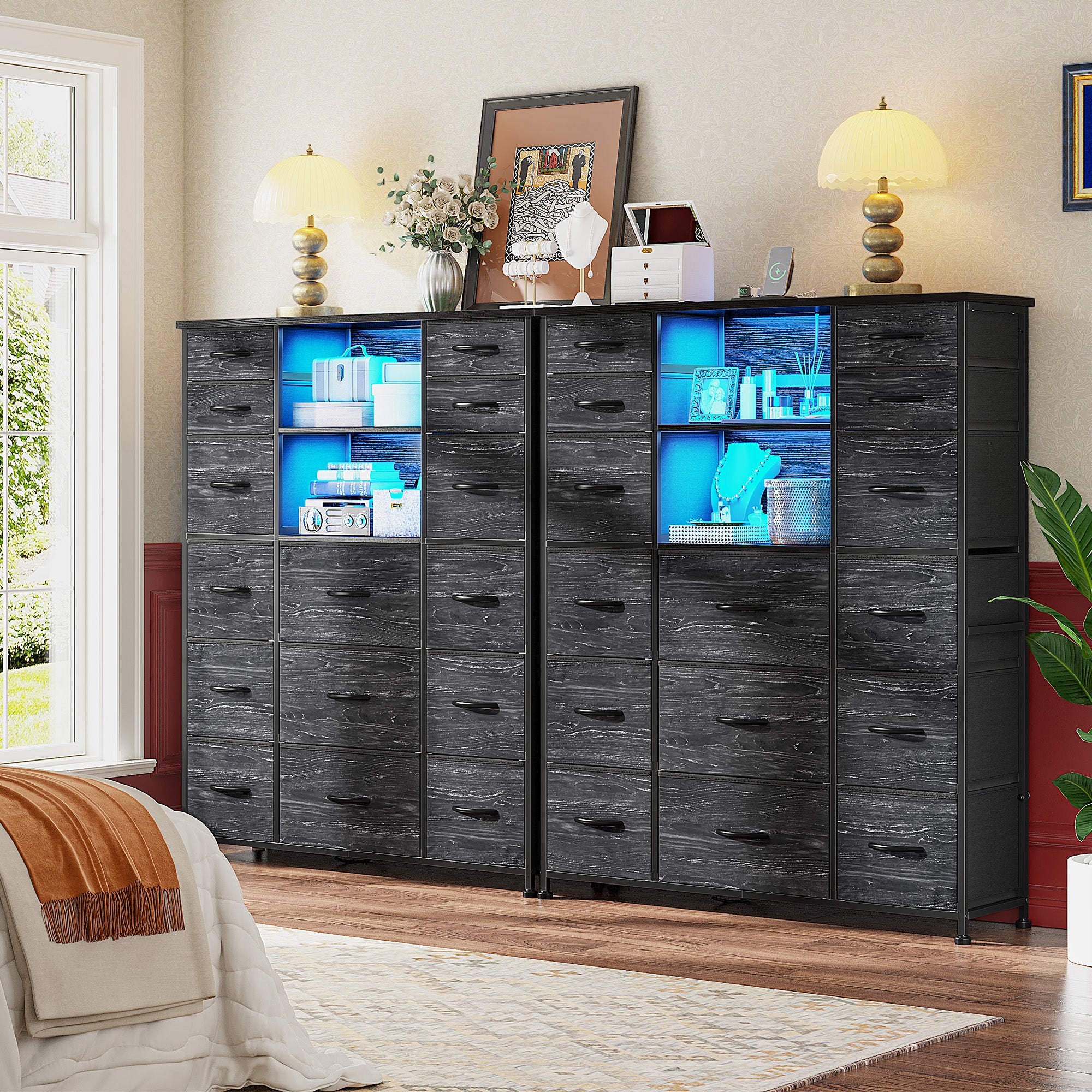 15-Drawer Smart Dresser with Charging Station & LED Lights - 51" Tall Fabric Storage Organizer, Steel Frame, Wood Shelves | No Assembly Hassle, Anti-Tip Safety, for Bedroom, Closet, Hallway