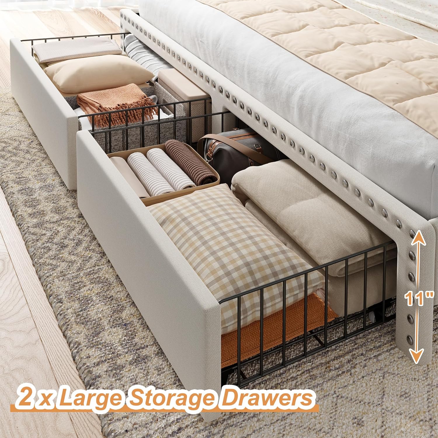 Metal Bed Frame with 2 Storage Drawers & Headboard - 900LBS Capacity, No Noise Design, Padded Platform, No Box Spring Needed, Back to School Beds On Sale
