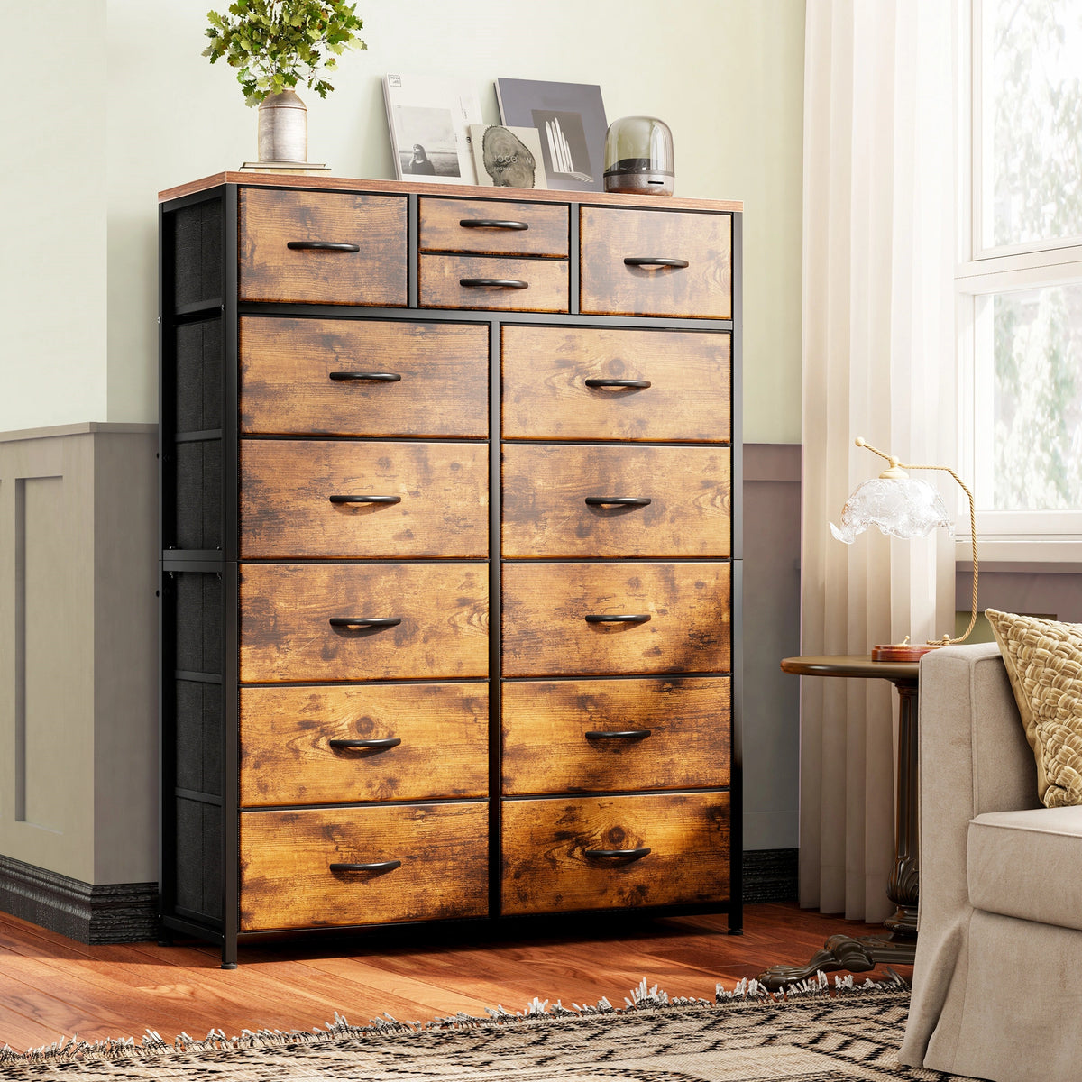 Snhomee Dresser for Bedroom with 14 Drawers, Tall Dressers for Bedroom,  Sturdy Metal Frame & Wood, Top Large Fabric Chest of Drawers, Closet, Livingroom