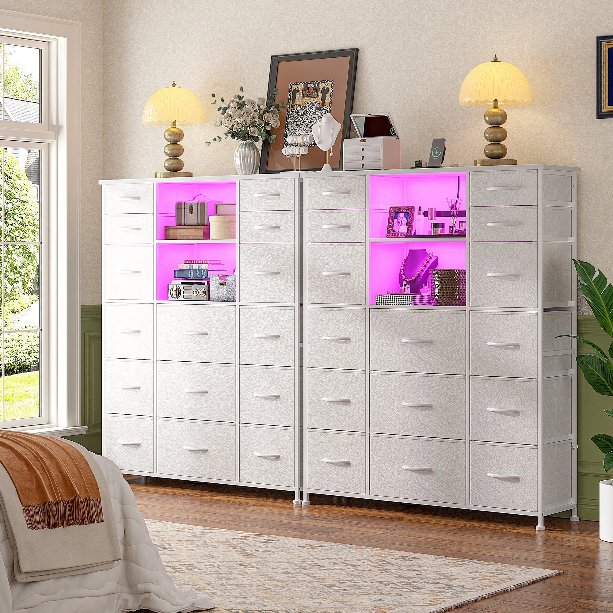 15-Drawer Smart Dresser with Charging Station & LED Lights - 51" Tall Fabric Storage Organizer, Steel Frame, Wood Shelves | No Assembly Hassle, Anti-Tip Safety, for Bedroom, Closet, Hallway