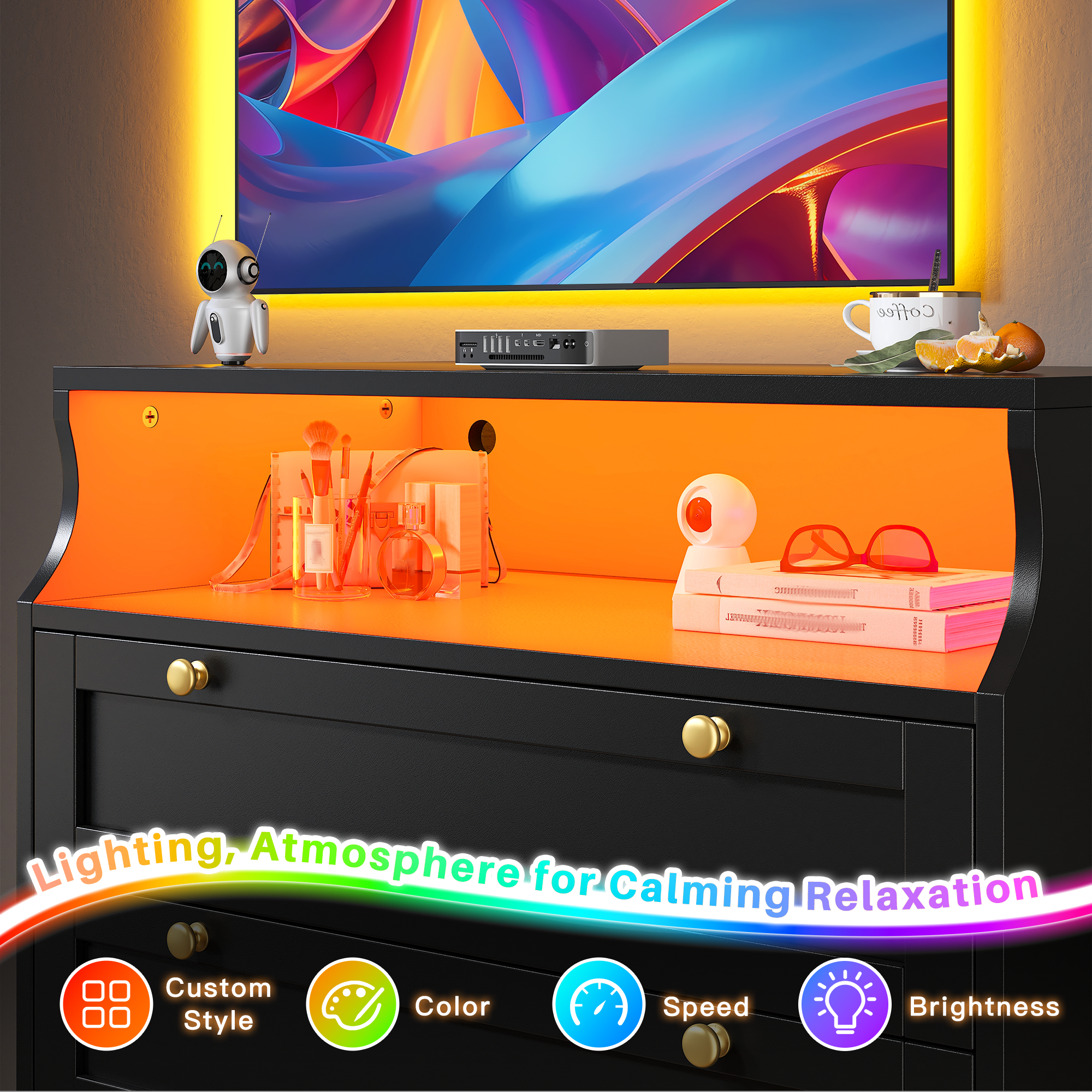 48.5" Tall Dresser with LED Lights & 5 Deep Drawers - Modern Bedroom Storage Cabinet, 16-Color RGB Lighting, Waterproof Surface& Open Shelf, for Bedroom, Living Room, Entryway