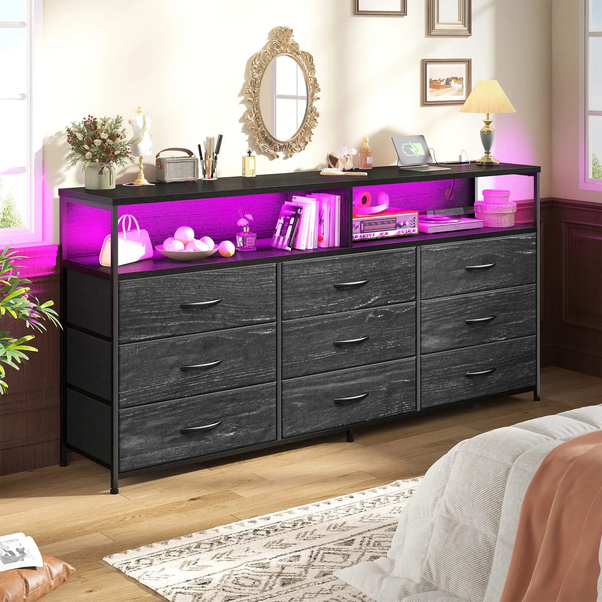 Snhomee Dresser TV Stand with 9 Drawers & Charging Station– 55" Wide Media Console LED lights & Wood Shelves for Bedroom, Living Room, or Dorm