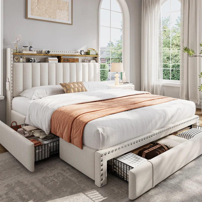 Snhomee Heavy Duty Platform Bed Frame with Storage Drawers - Silent 1200LB Capacity, No Box Spring Needed, Upholstered Headboard