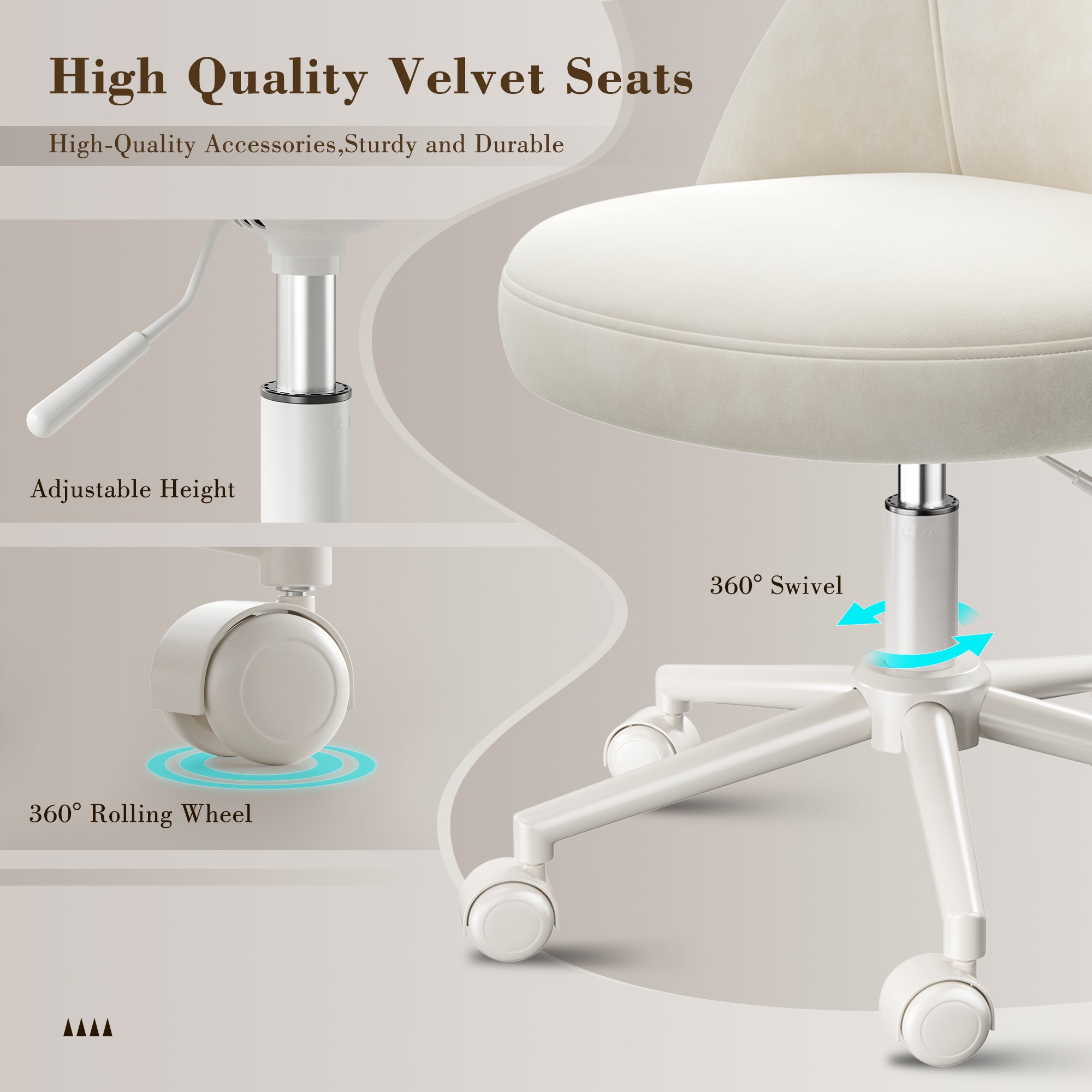 Velvet Vanity Chair with Lumbar Support – Adjustable Rolling Swivel Desk Chair, Armless Ergonomic Design for Home Office & Bedroom