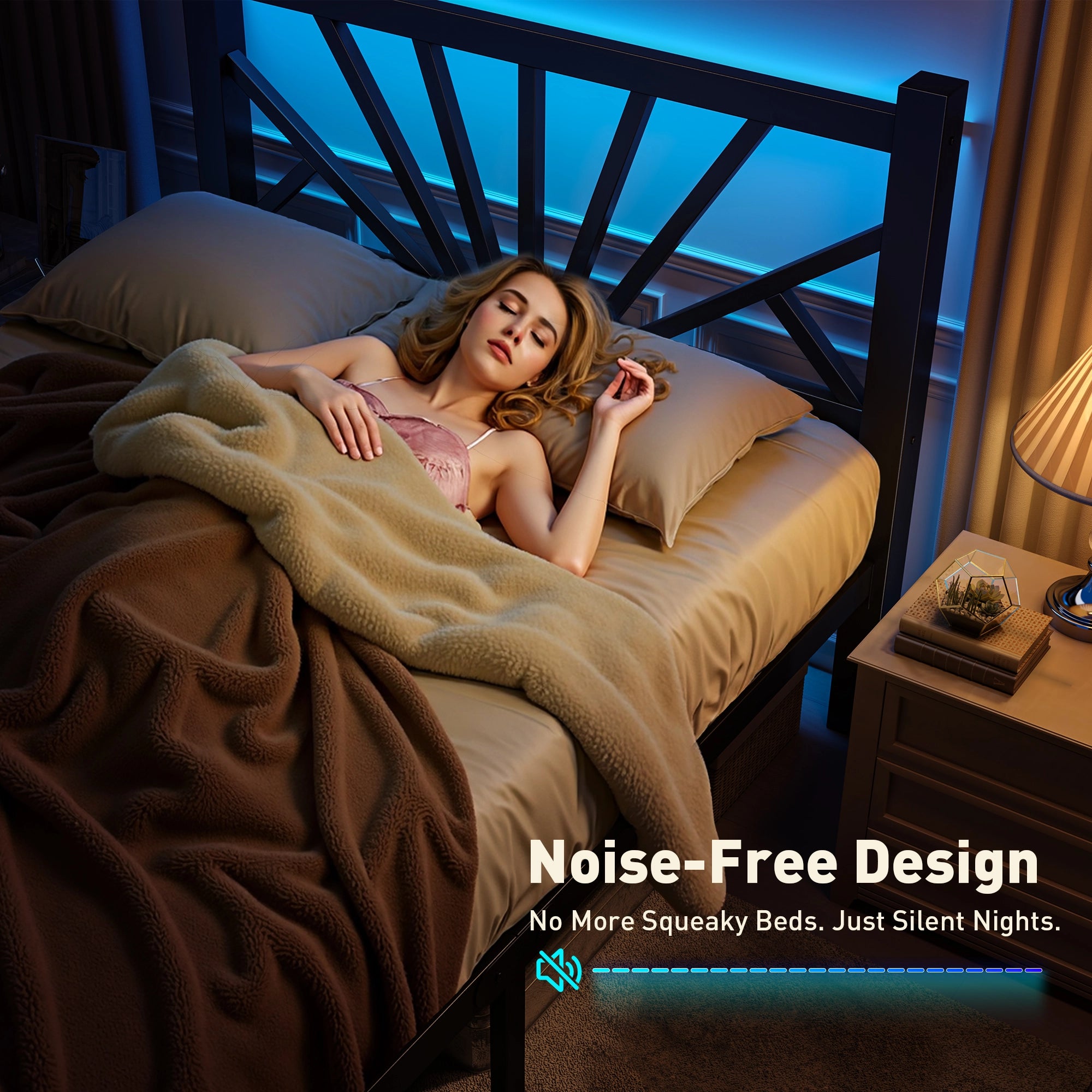 Snhomee Metal Bed Frame with LED Backlight, Storage Space, 1800lbs Weight Capacity & Quiet Structure
