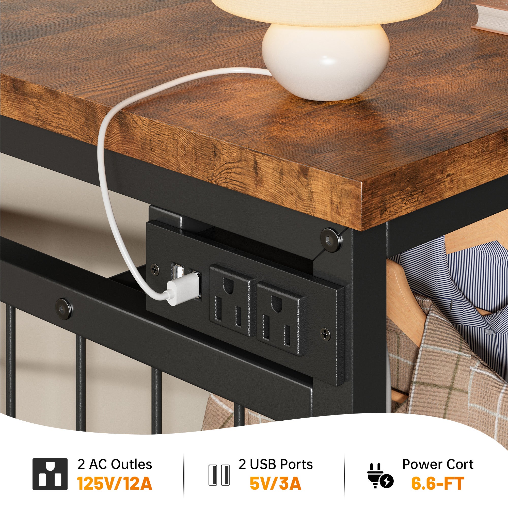 49.2" W Dresser with Hanging Rack & LED Lights - 6-Drawer Storage + Charging Station for Bedroom/Closet, Rustic Brown-Rustic Brown-snhomee