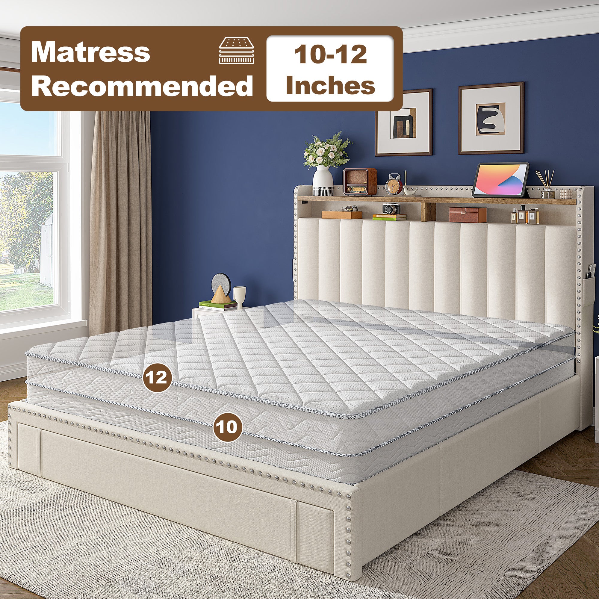 Snhomee Heavy Duty Platform Bed Frame with Storage Drawers - Silent 1200LB Capacity, No Box Spring Needed, Upholstered Headboard