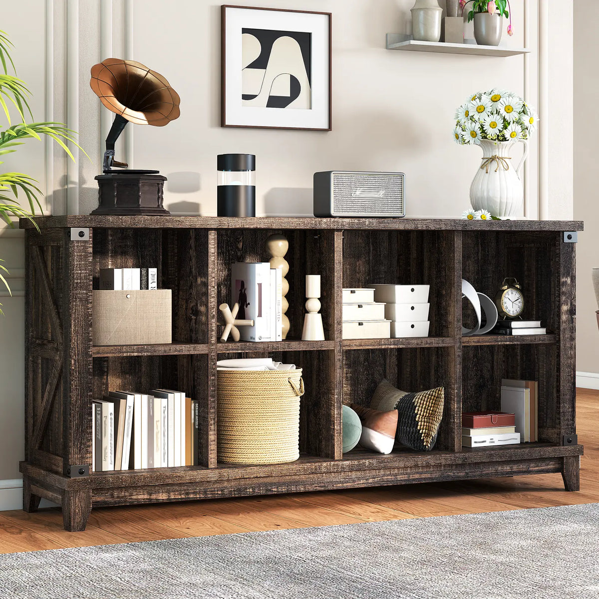 Snhomee 8-Cube Storage Organizer – Heavy Duty Rustic Farmhouse Wood Bookshelf for Bedroom, Living Room & Office