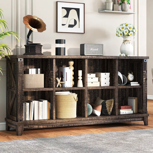 Snhomee 8 Cube Wood Bookshelf, 2-Tier Heavy Duty Storage Organizer, Rustic Farmhouse Cube Shelf for Bedroom, Living Room & Office 1643