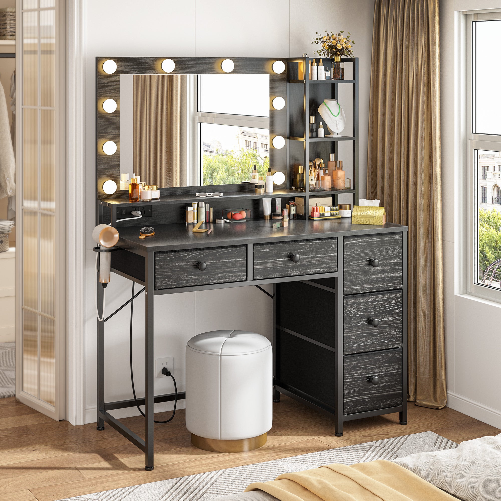 LED Vanity Desk with Mirror, 5 Drawers & Power Outlet - 3 Light Modes, Adjustable Brightness Dressing Table