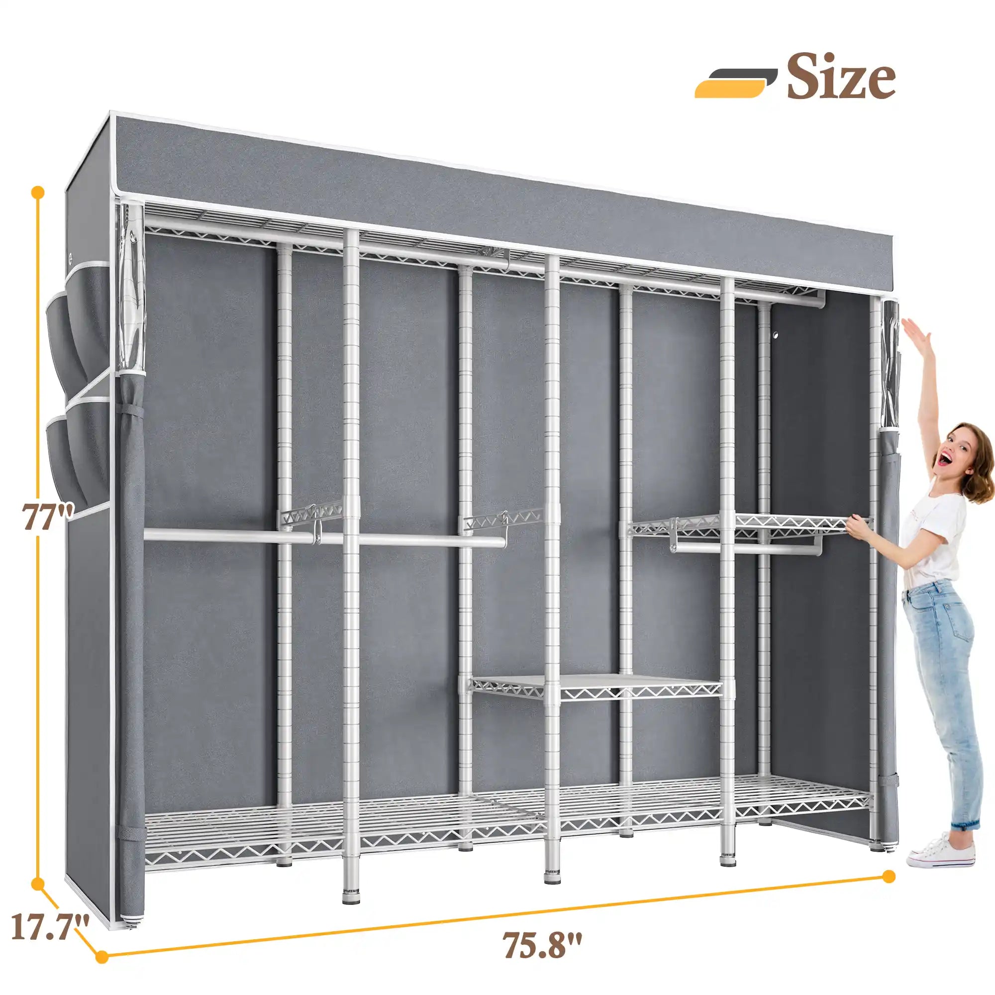 76"W Heavy Duty Clothes Rack with Cover,1150LBS Wardrobe Closet,Adjustable Portable Closet for Bedroom