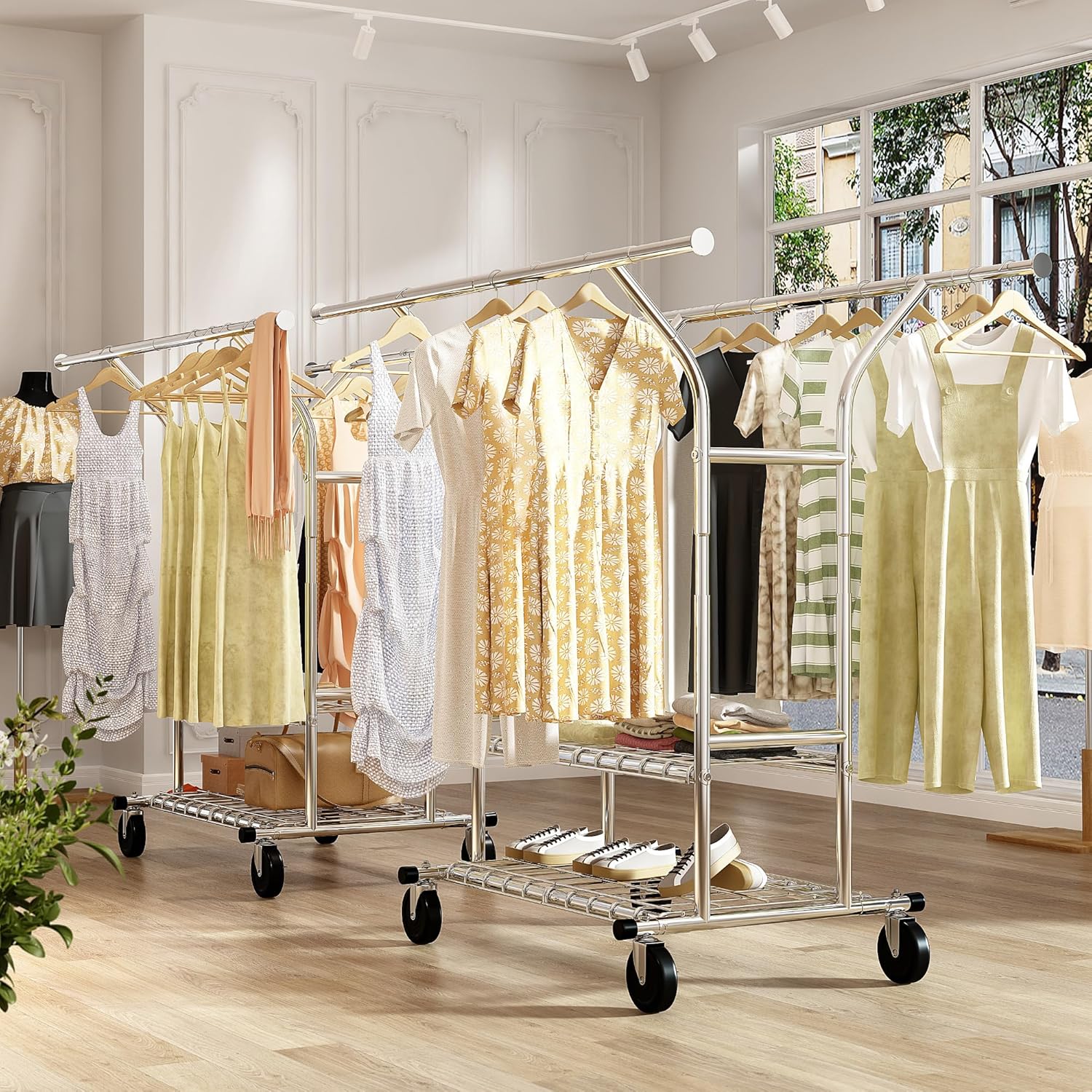 74"W Clothing Rack with Wheels, Heavy-Duty Steel Frame with Shelves, No-Wobble Design, Quick Assembly