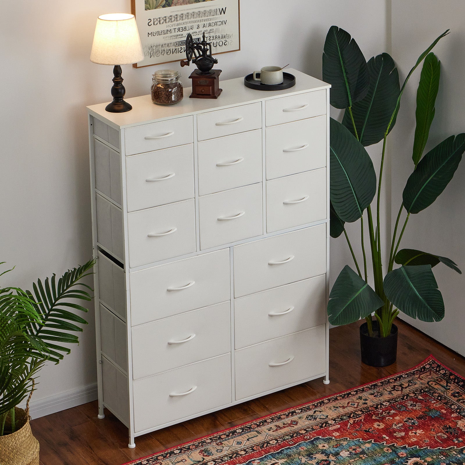 Dresser for Bedroom with 15 Drawers, Sturdy Metal Frame & Wood Top, Top Large Fabric Chest of Drawers, Closet, Livingroom-Furniture > Dresser-37.8"W x 11.8"D x 52.4"H-Black-snhomee
