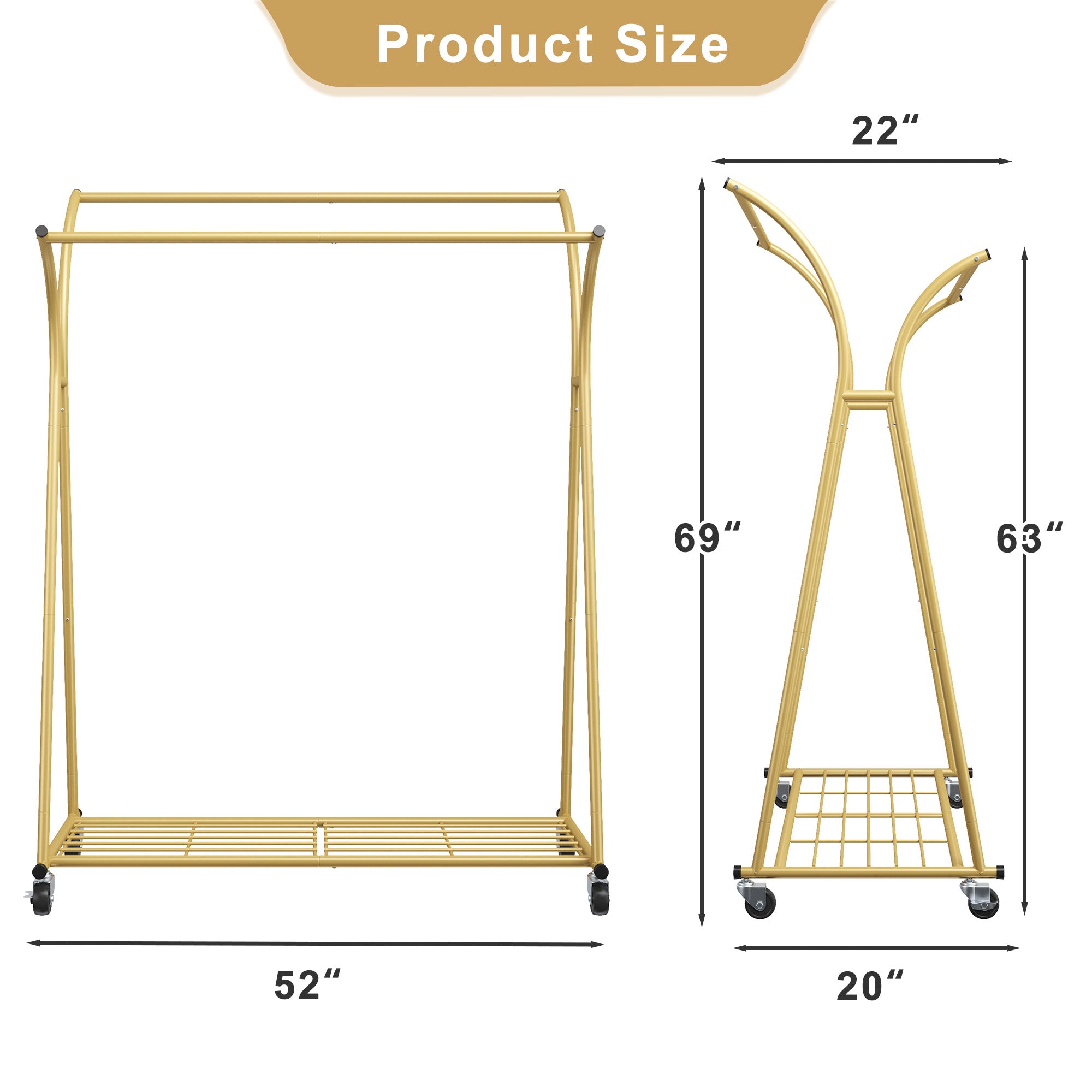 Double Rod Clothes Hanger Rack, Metal Rolling Clothing Rack With Wheels, 52"W x 20"D x (63"-69")H, Gold/Black-Gold-snhomee