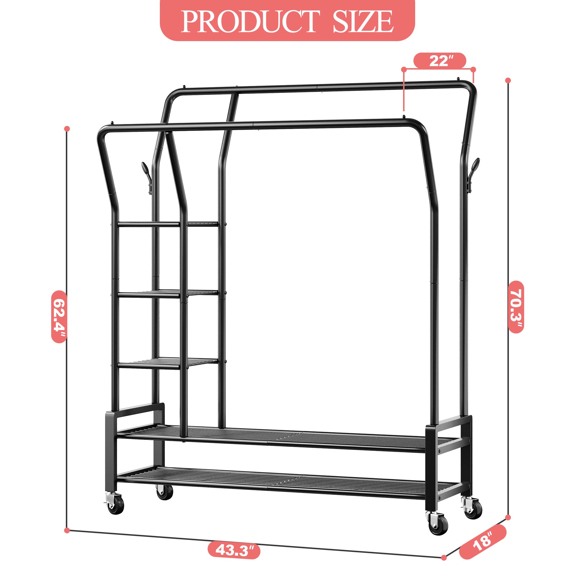 Snhomee Portable Rolling Clothes Rack with Shelves,Clothes Hanging Rack with Wheels, For Commercial&Bedroom