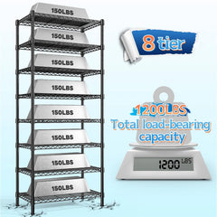 Snhomee 8-Tier Storage Shelves 1200LBS Metal Shelving Units, 2-Way Use Adjustable Storage Rack for Home, Kitchen, Laundry & Pantry