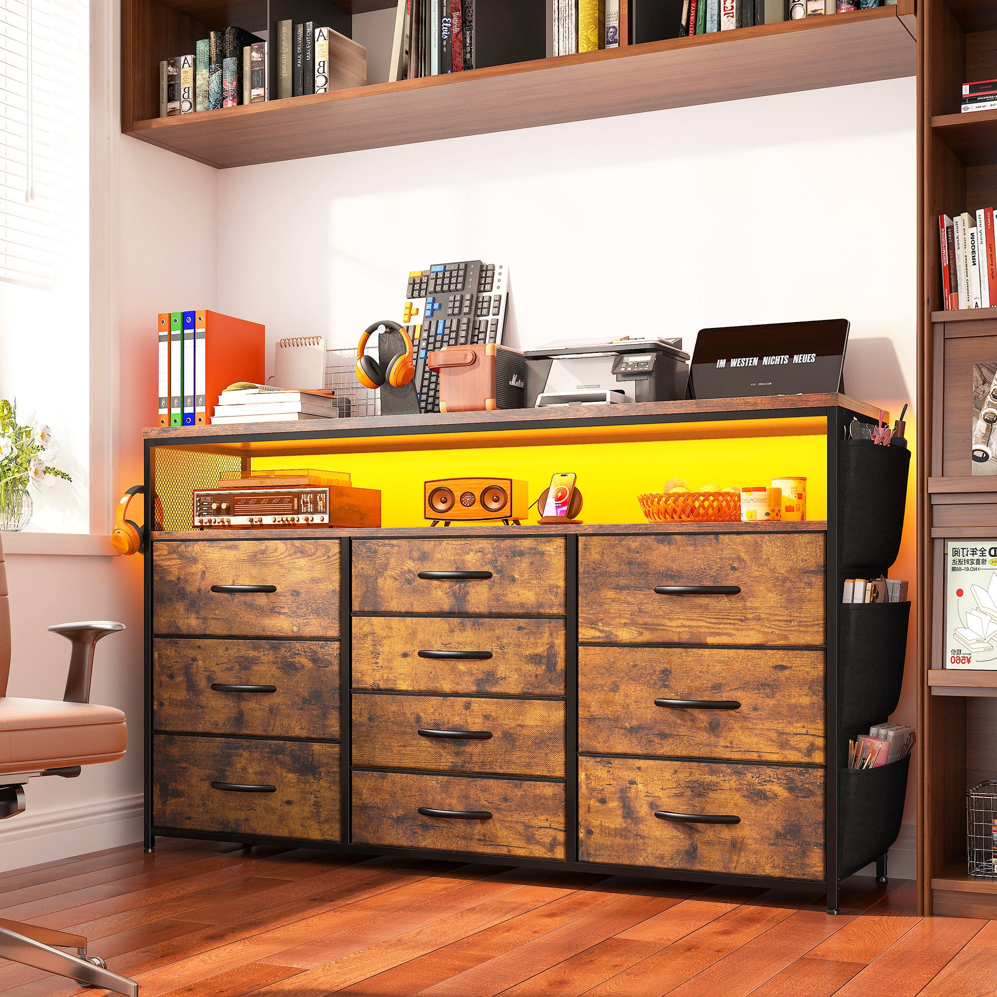 55" Smart TV Stand & Dresser | 10-Drawer Storage with LED Lights & Outlets | Metal/Wood Frame-Black-snhomee