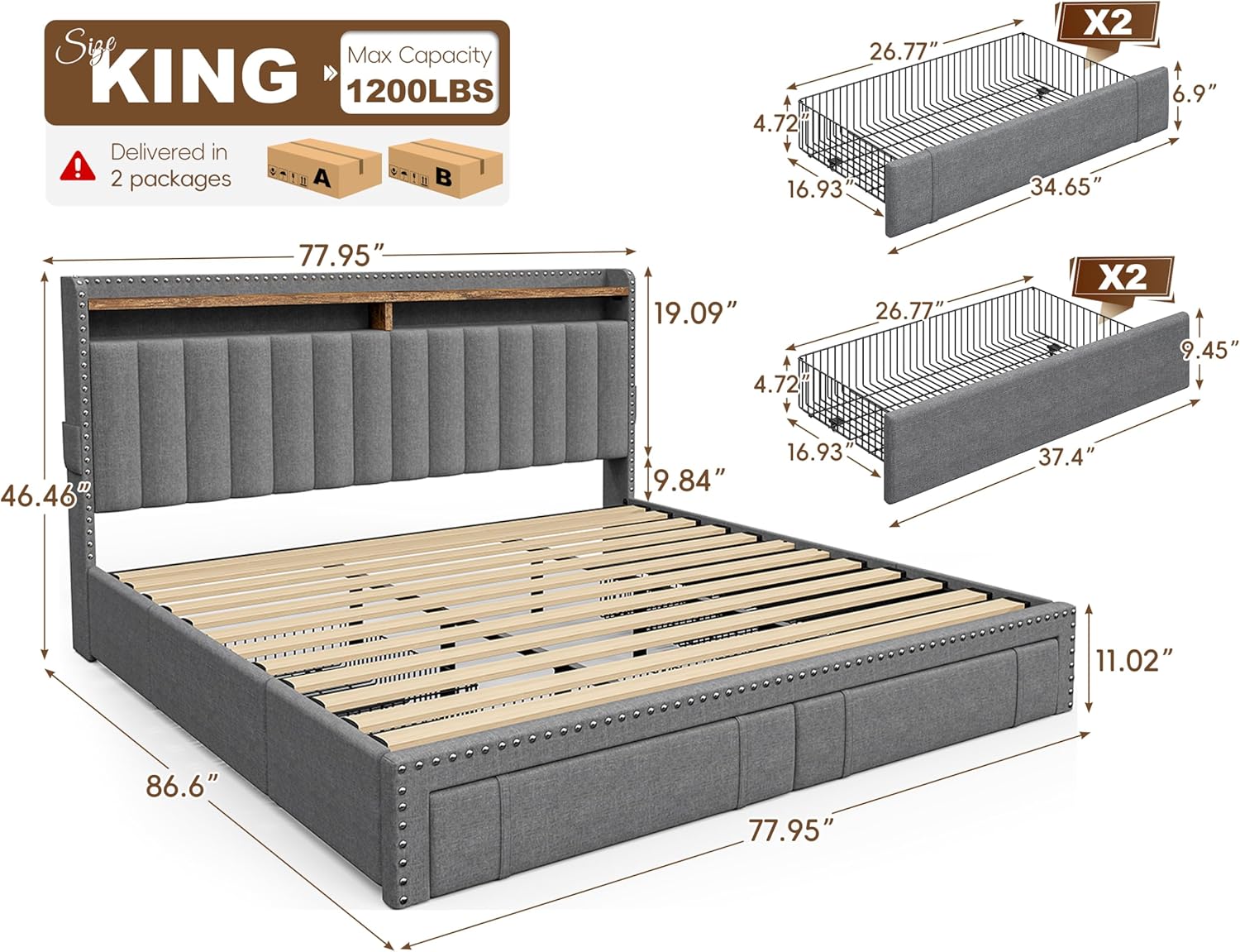 Snhomee Heavy Duty Platform Bed Frame with Storage Drawers - Silent 1200LB Capacity, No Box Spring Needed, Upholstered Headboard