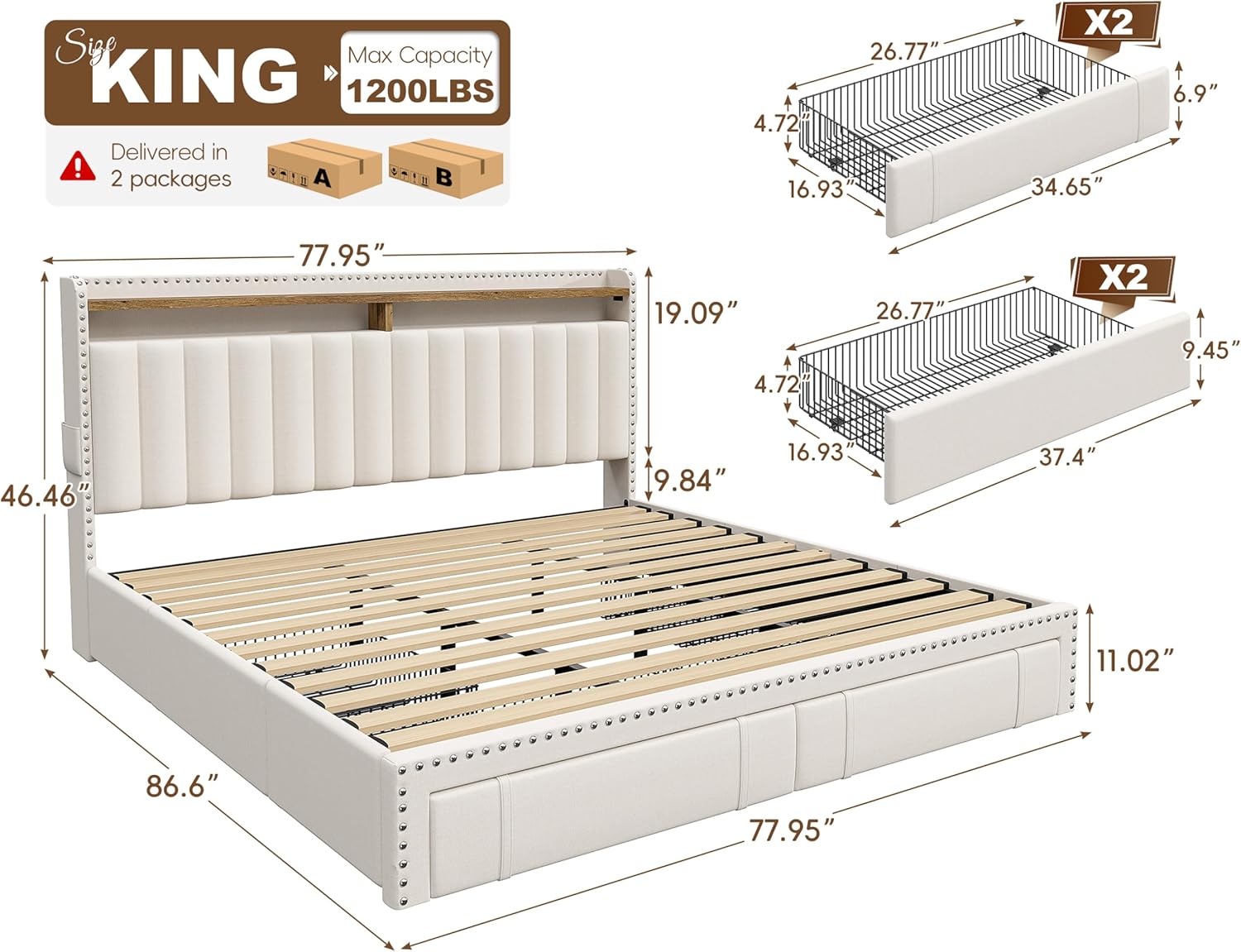 Snhomee Heavy Duty Platform Bed Frame with Storage Drawers - Silent 1200LB Capacity, No Box Spring Needed, Upholstered Headboard