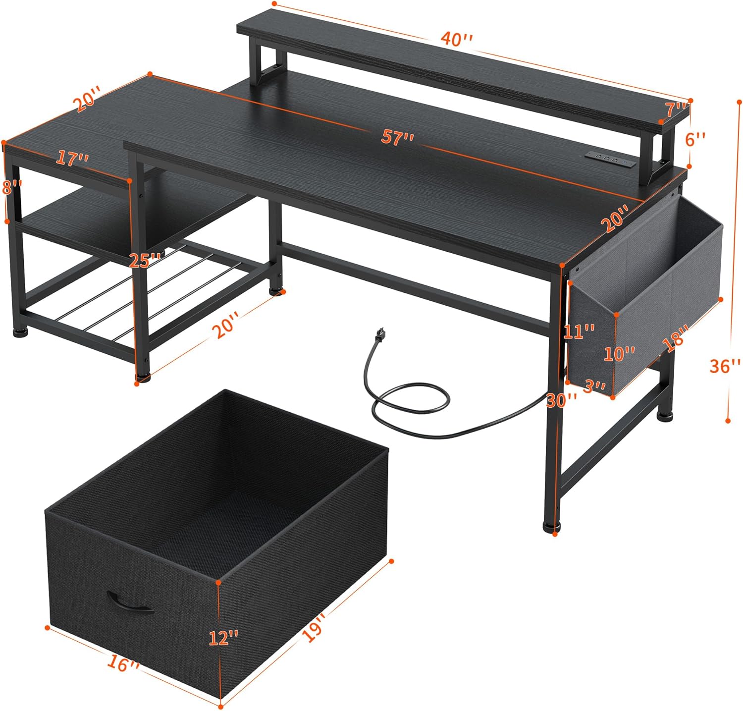 57" Computer Desk with Drawer, Gaming Desk with Moniter Stand, Home Office Desk for Bedroom Dorm