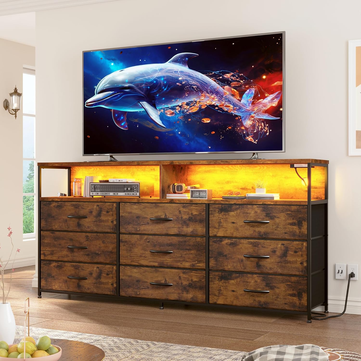 Snhomee Dresser TV Stand with 9 Drawers & Charging Station– 55" Wide Media Console LED lights & Wood Shelves for Bedroom, Living Room, or Dorm