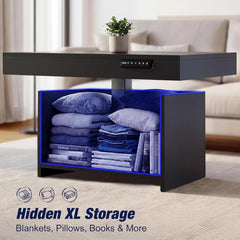 Snhomee Smart Electric Lift Top Coffee Table with LED Lights, Adjustable Height (25"-33") & 3 Memory Presets (Modern Black)