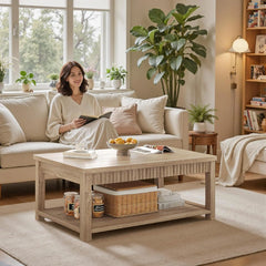 Snhomee Wave-Edge Modern Coffee Table, 39" 2-Tier Center Table for Bedroom Living Room