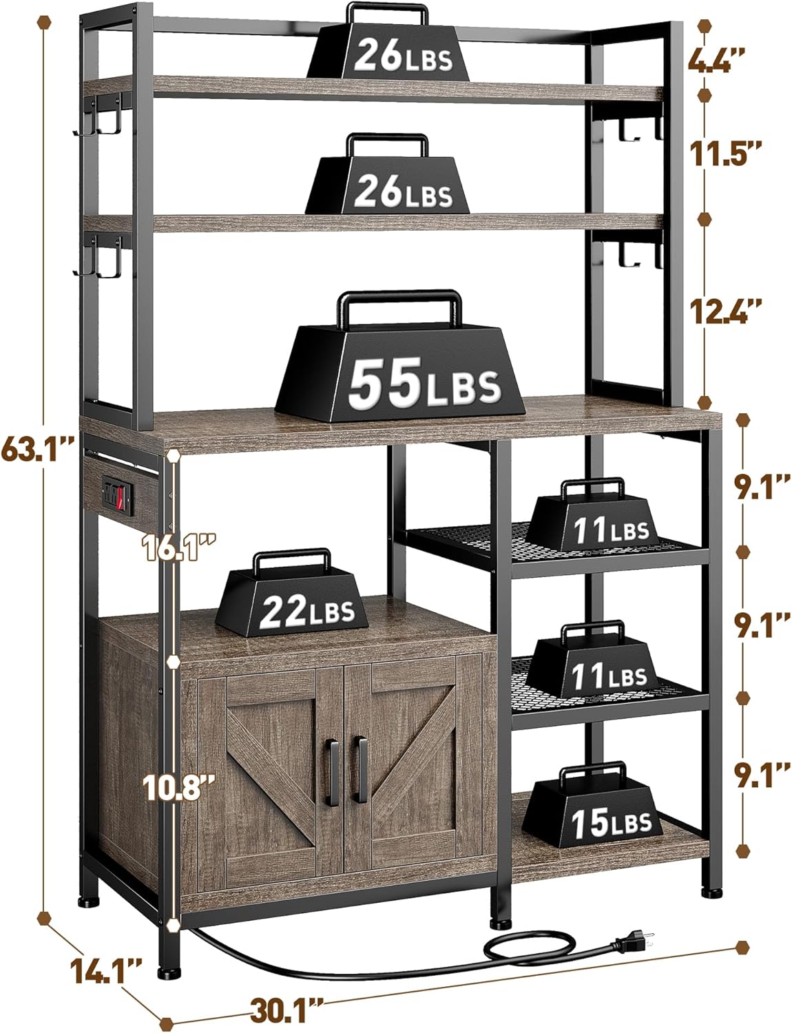 Snhomee 6-Tier Bakers Rack With Outlet, Microwave Stand With Storage Cabinet, 8 Side Hooks & Utility Shelf For Kitchen