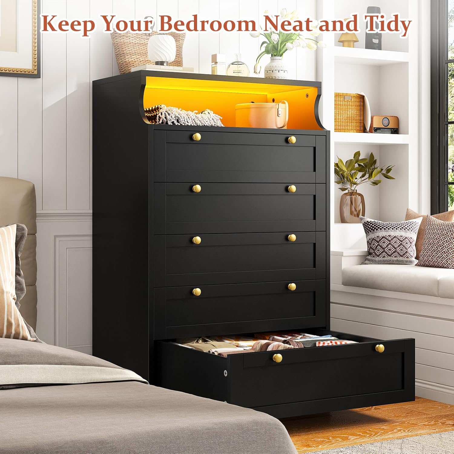 48"H 5-Drawer Wood Dresser and Chest with LED Lights for Bedroom