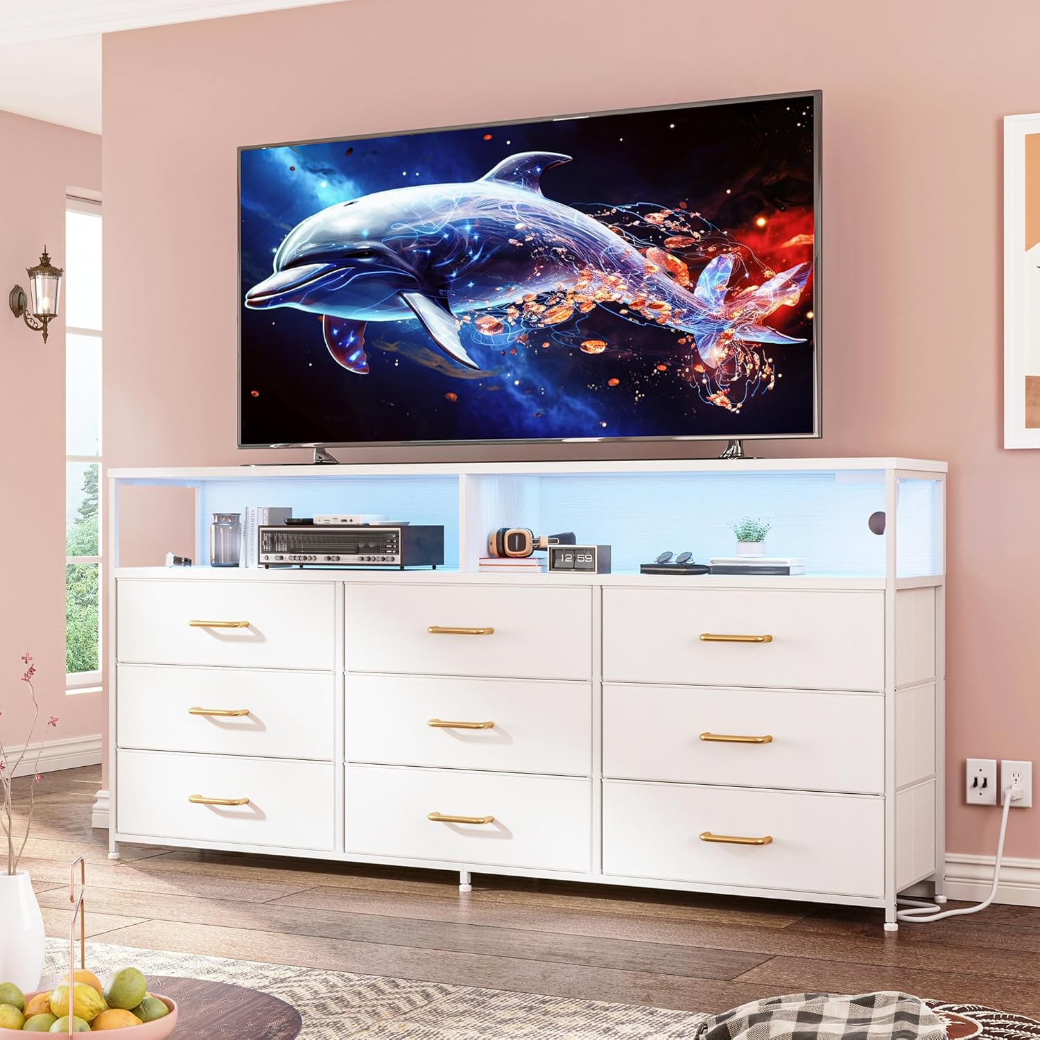 Snhomee Dresser TV Stand with 9 Drawers & Charging Station– 55" Wide Media Console LED lights & Wood Shelves for Bedroom, Living Room, or Dorm
