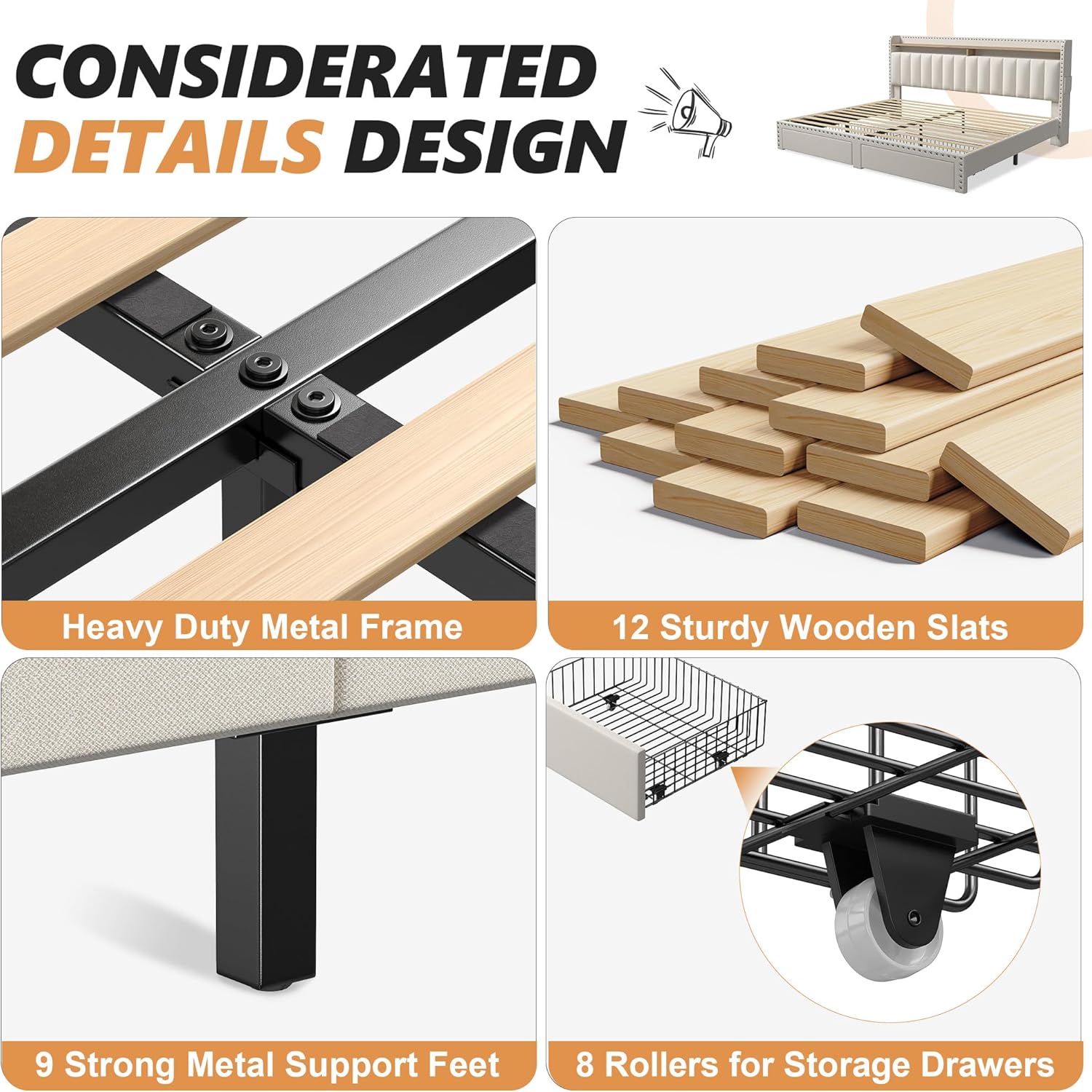 Metal Bed Frame with 2 Storage Drawers & Headboard - 900LBS Capacity, No Noise Design, Padded Platform, No Box Spring Needed, Back to School Beds On Sale