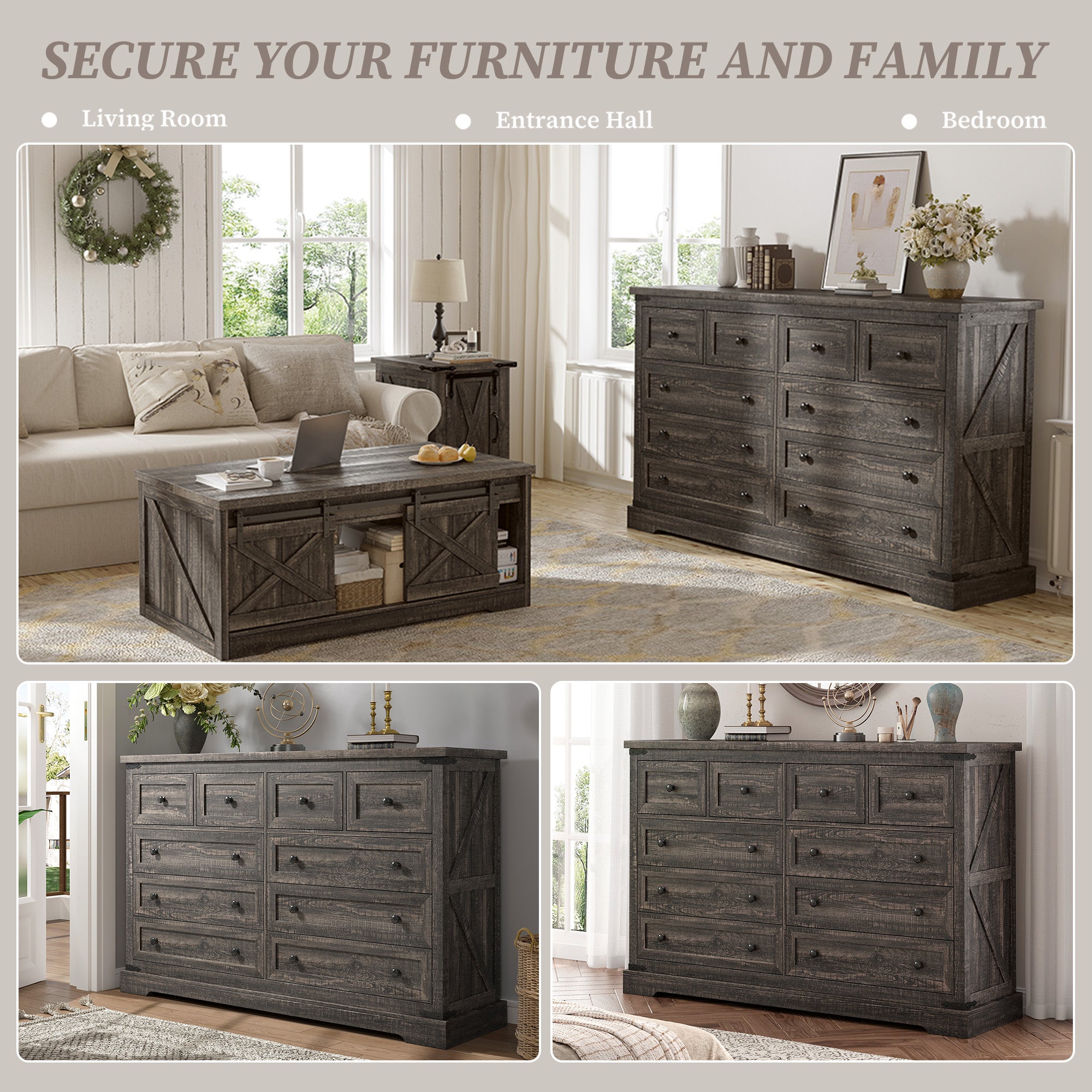 10-Drawer Farmhouse Dresser with Metal Rails - 55" Wide Bedroom Storage & TV Stand, 36"H x 15"D-White-snhomee