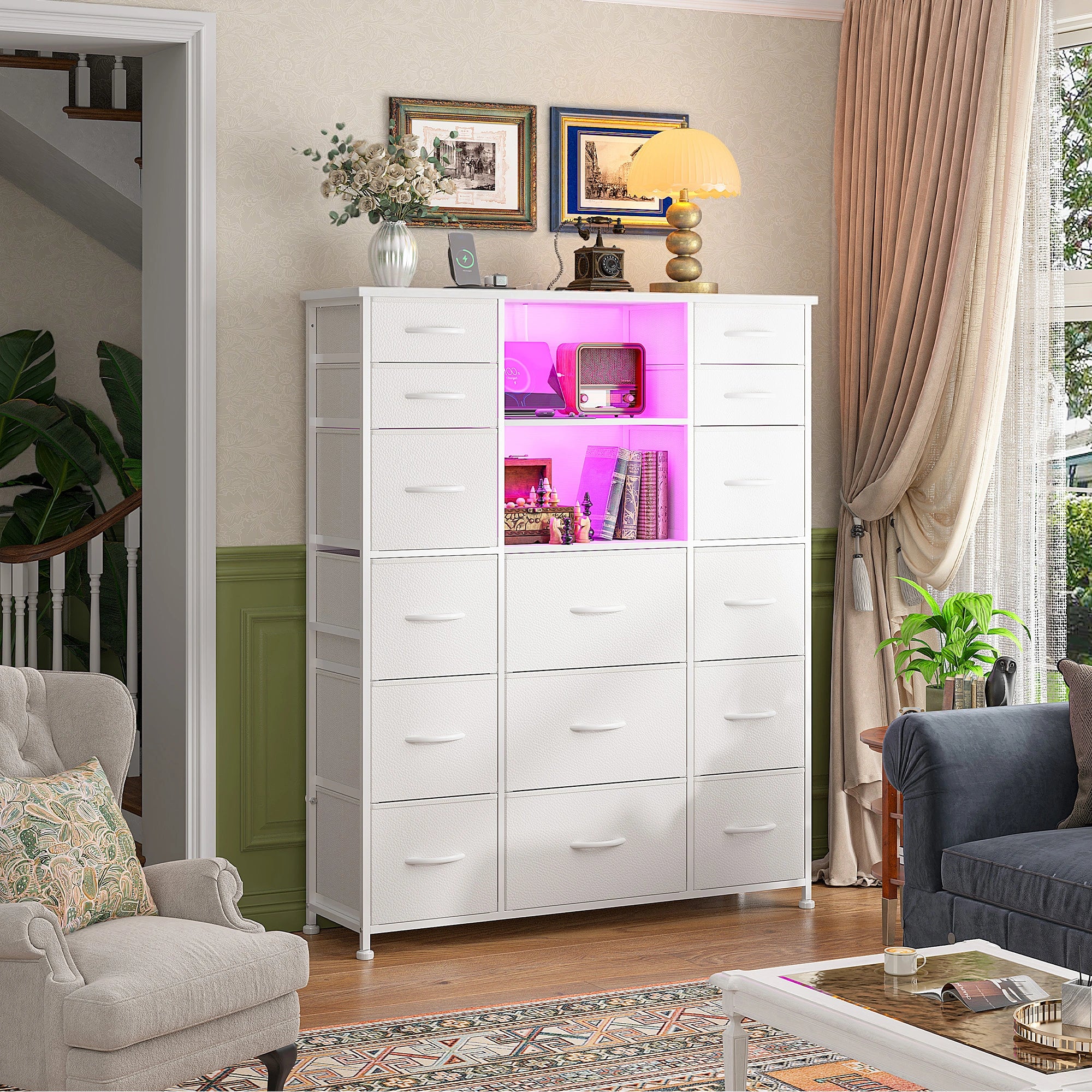 15-Drawer Smart Dresser with Charging Station & LED Lights - 51" Tall Fabric Storage Organizer, Steel Frame, Wood Shelves | No Assembly Hassle, Anti-Tip Safety, for Bedroom, Closet, Hallway
