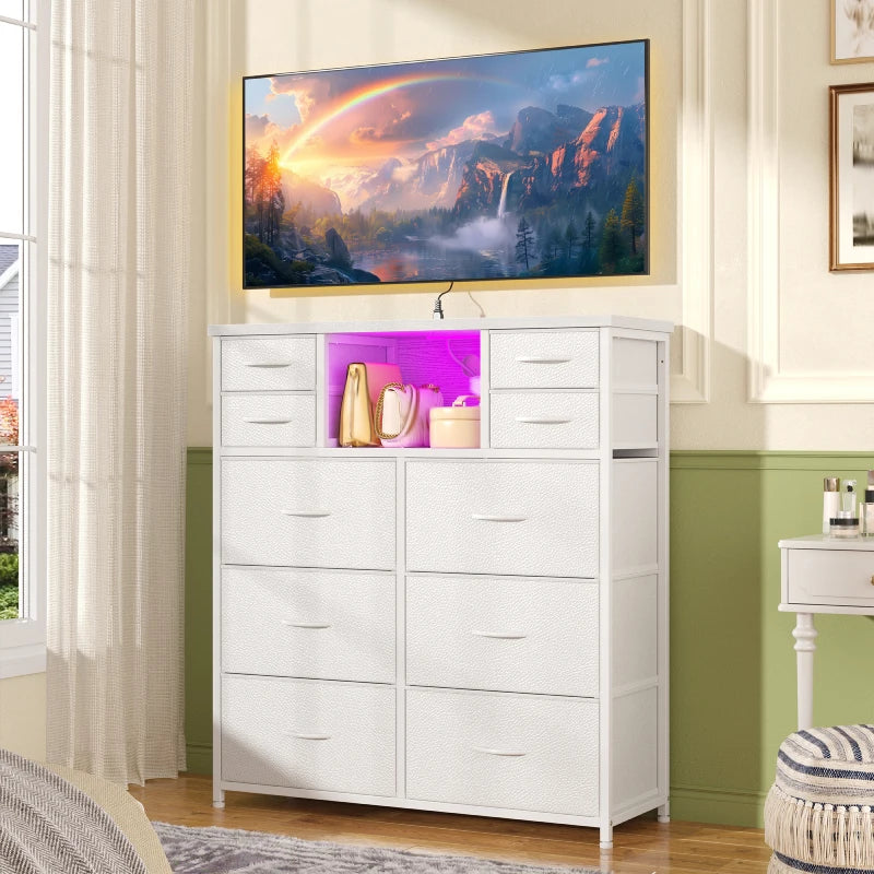 Snhomee 10 Fabric Drawers Bedroom Dresser with LED Lighting and Built-in Charging Station for Closet, Hallway or Bedroom