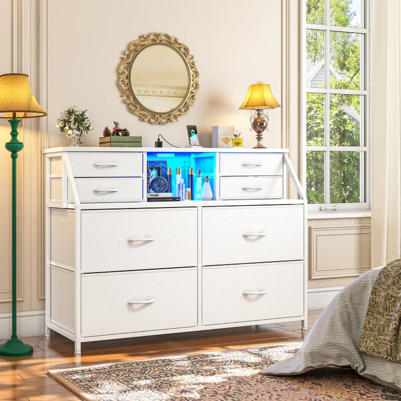 Snhomee 8-Drawer Dresser with LED Lights and Built-in Charging Station, Durable Storage Chest with Open Shelves for Bedroom, Living Room, or Hallway