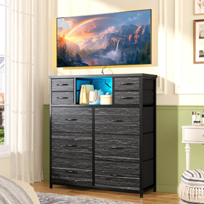 Snhomee 10 Fabric Drawers Bedroom Dresser with LED Lighting and Built-in Charging Station for Closet, Hallway or Bedroom