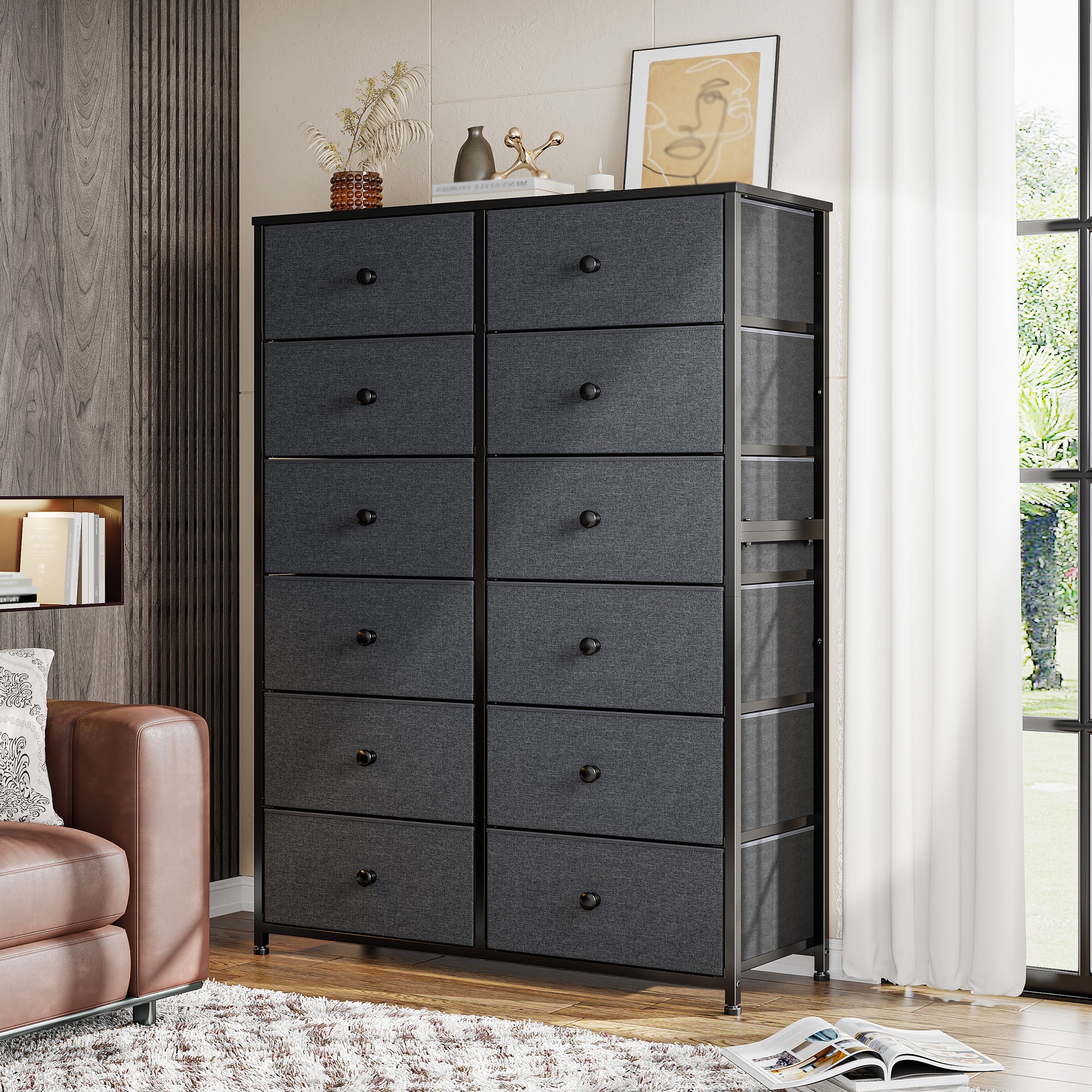 Snhomee Dresser for Bedroom with 12 Drawers, Large Storage Organizer Chest, Large Fabric Dressers & Chest of Drawers with Sturdy Metal Frame, Wood Top, Closet, Entryway, Hallway