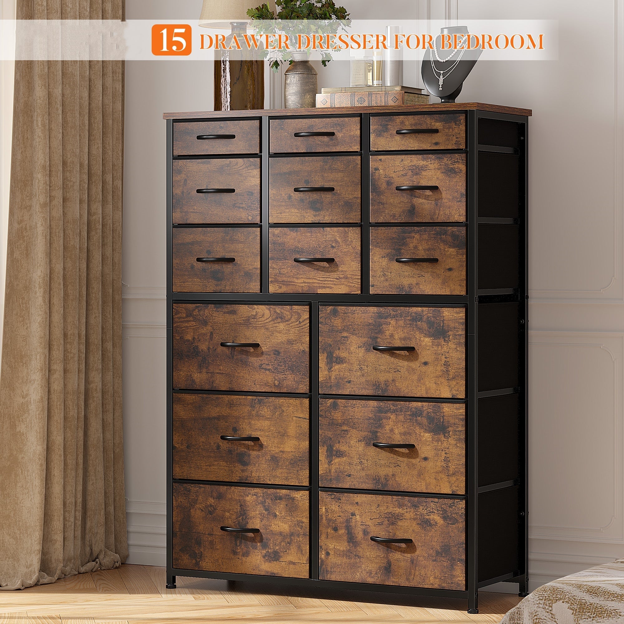 Dresser for Bedroom with 15 Drawers, Sturdy Metal Frame & Wood Top, Top Large Fabric Chest of Drawers, Closet, Livingroom