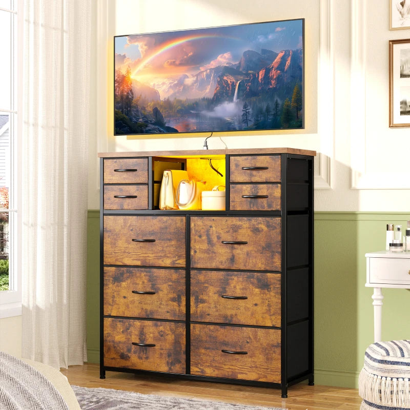 Snhomee 10 Fabric Drawers Bedroom Dresser with LED Lighting and Built-in Charging Station for Closet, Hallway or Bedroom