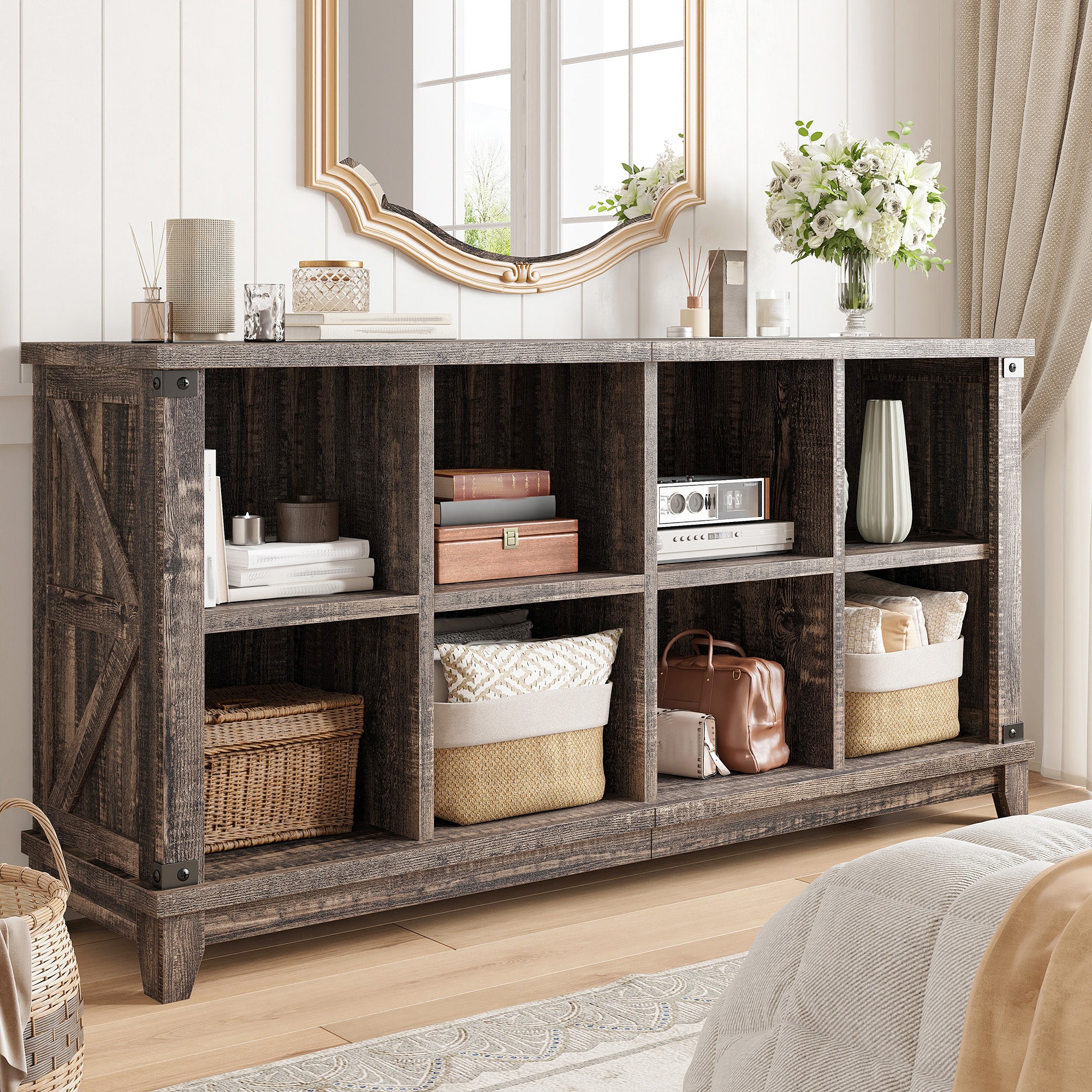 Modern 8-Cube Storage Shelf Organizer - Multipurpose Bookcase & Display Shelves for Living Room, Bedroom, Office-Black Oak-snhomee
