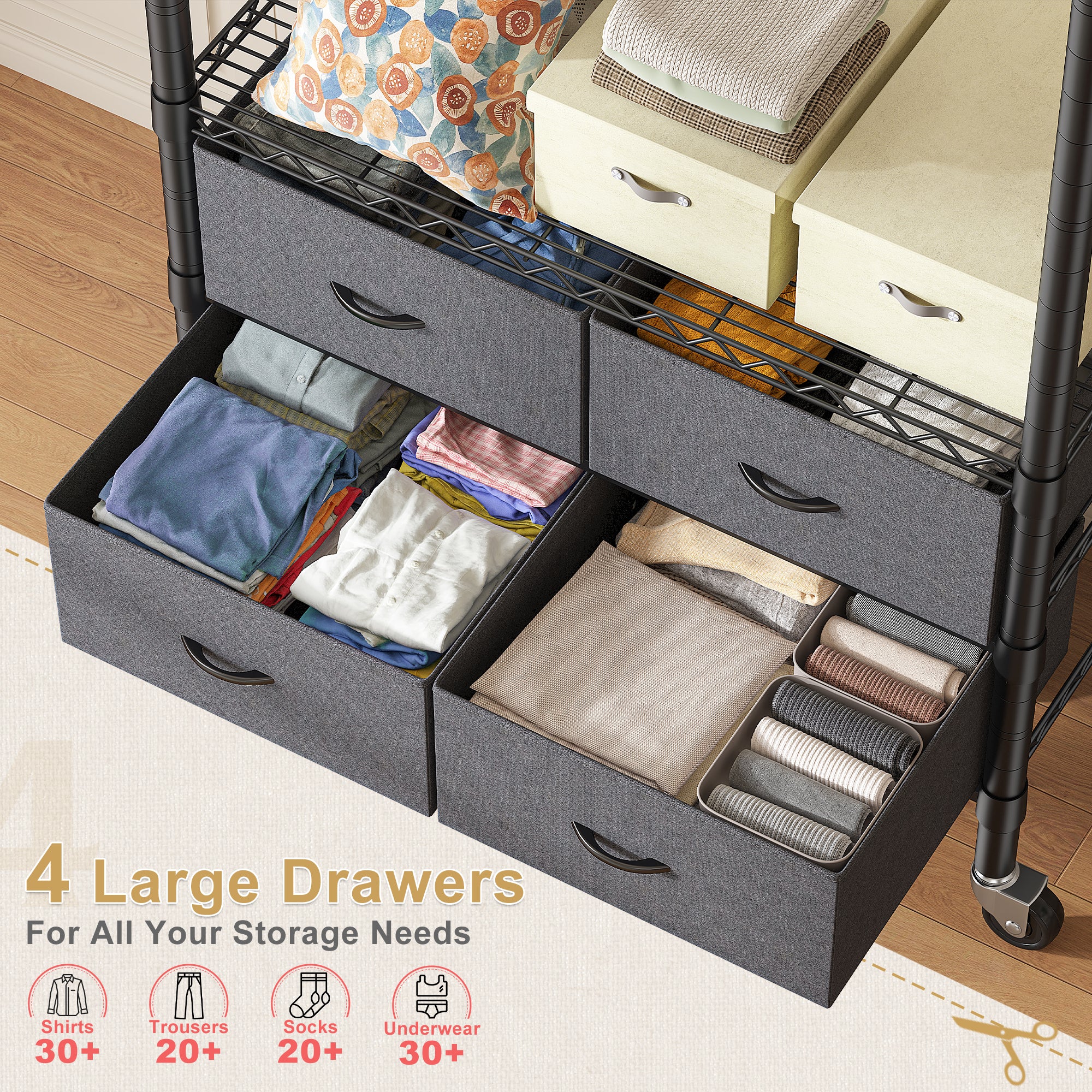 Snhomee Portable Clothes Rack with 4 Drawers Metal Clothing Garment Rack, Freestanding/Rolling-Home Storage > Clothes Rack-Black Rolling Rack-snhomee