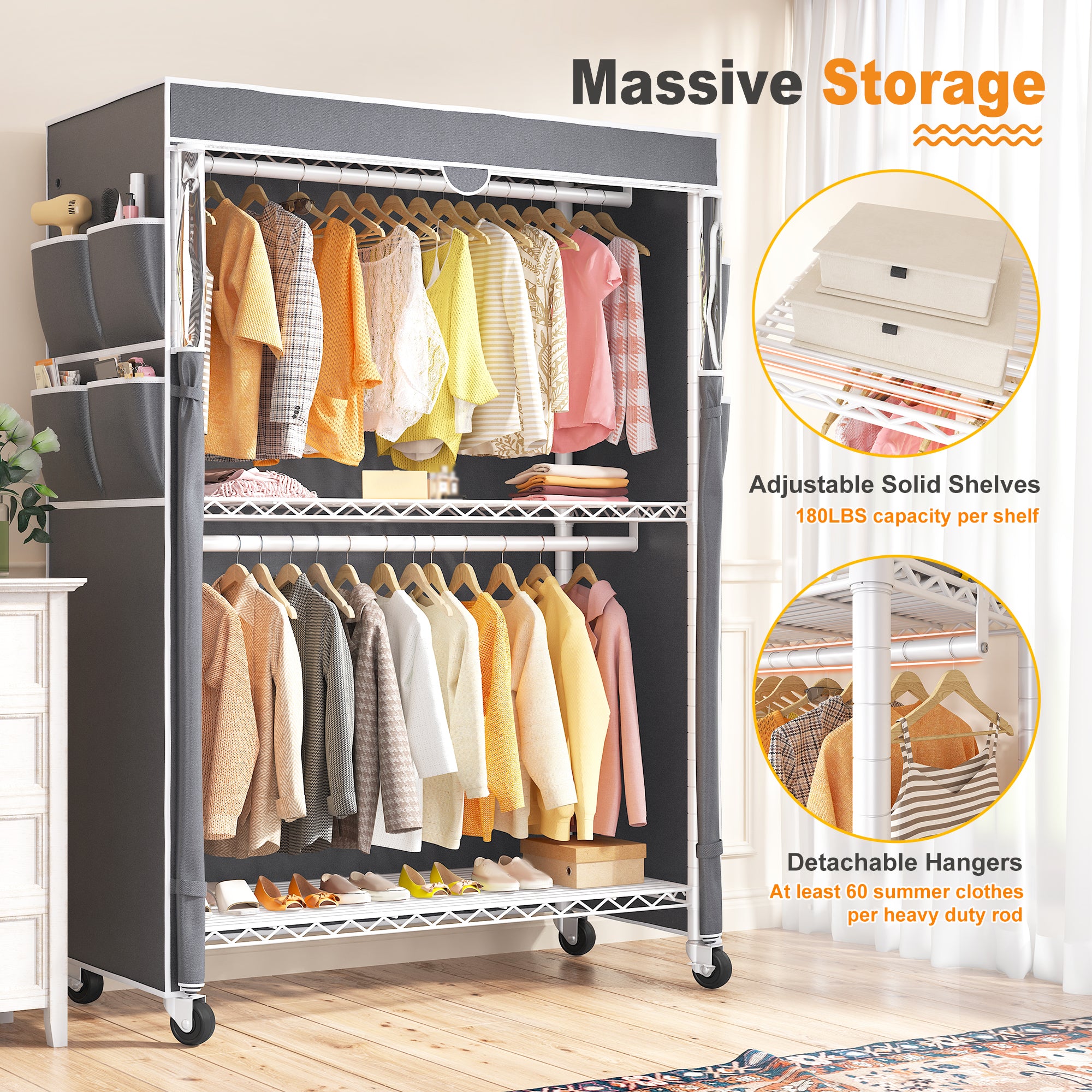 Snhomee 440LBS Heavy Duty Clothing Rack with Wheels,Cloth Rack with Cover,Dorm Room Garment Rack,Space-Saving‌ Dorm Essential‌