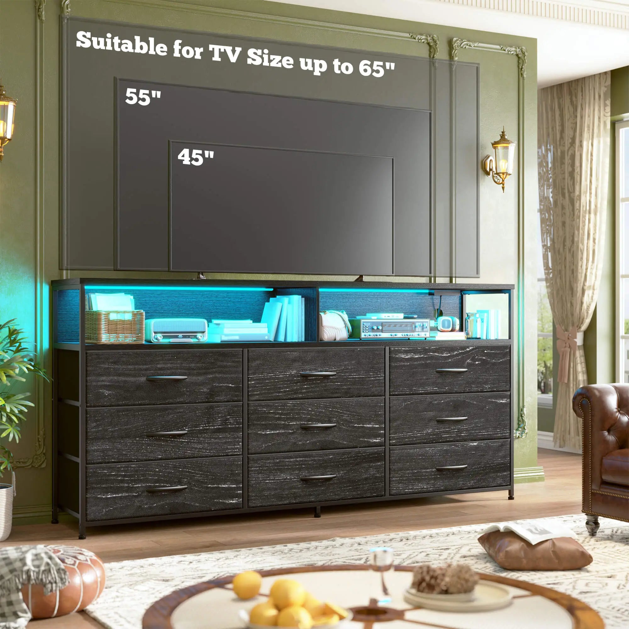 Snhomee Dresser TV Stand with 9 Drawers & Charging Station– 55" Wide Media Console LED lights & Wood Shelves for Bedroom, Living Room, or Dorm